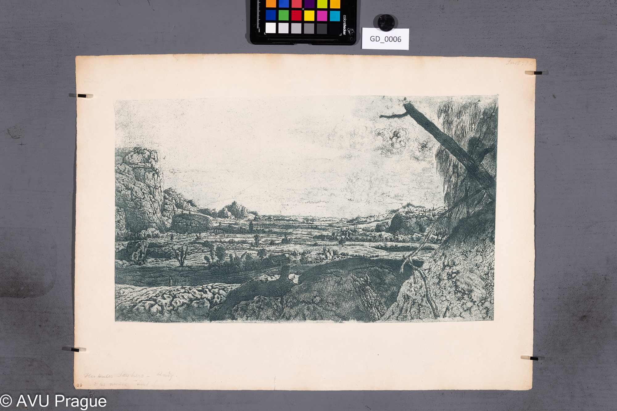 Hercules Seghers, Krajina - pohled do udolí, lept/akvatinta, 27,5 x 46, papír - 39 x 54; 19.stol- Facsimile, reprodukction der Reichsdruckerei Berlin; C.K.AKADEMIE V PRAZE / K.K. KUNST AKADEMIE PRAG