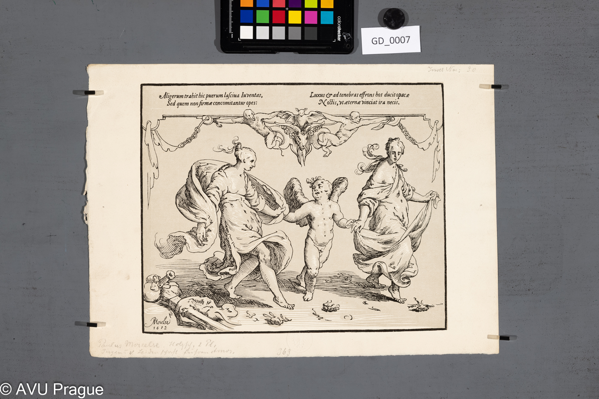 Paulus Moreelse; Alegorický výjev, 1612 - originál,dřevořez - dvě barvy, 23,4 x 28,5; papír - 27,4 x 38,4; 19.stol- Facsimile, reprodukction der Reichsdruckerei Berlin; C.K.AKADEMIE V PRAZE / K.K. KUNST AKADEMIE PRAG