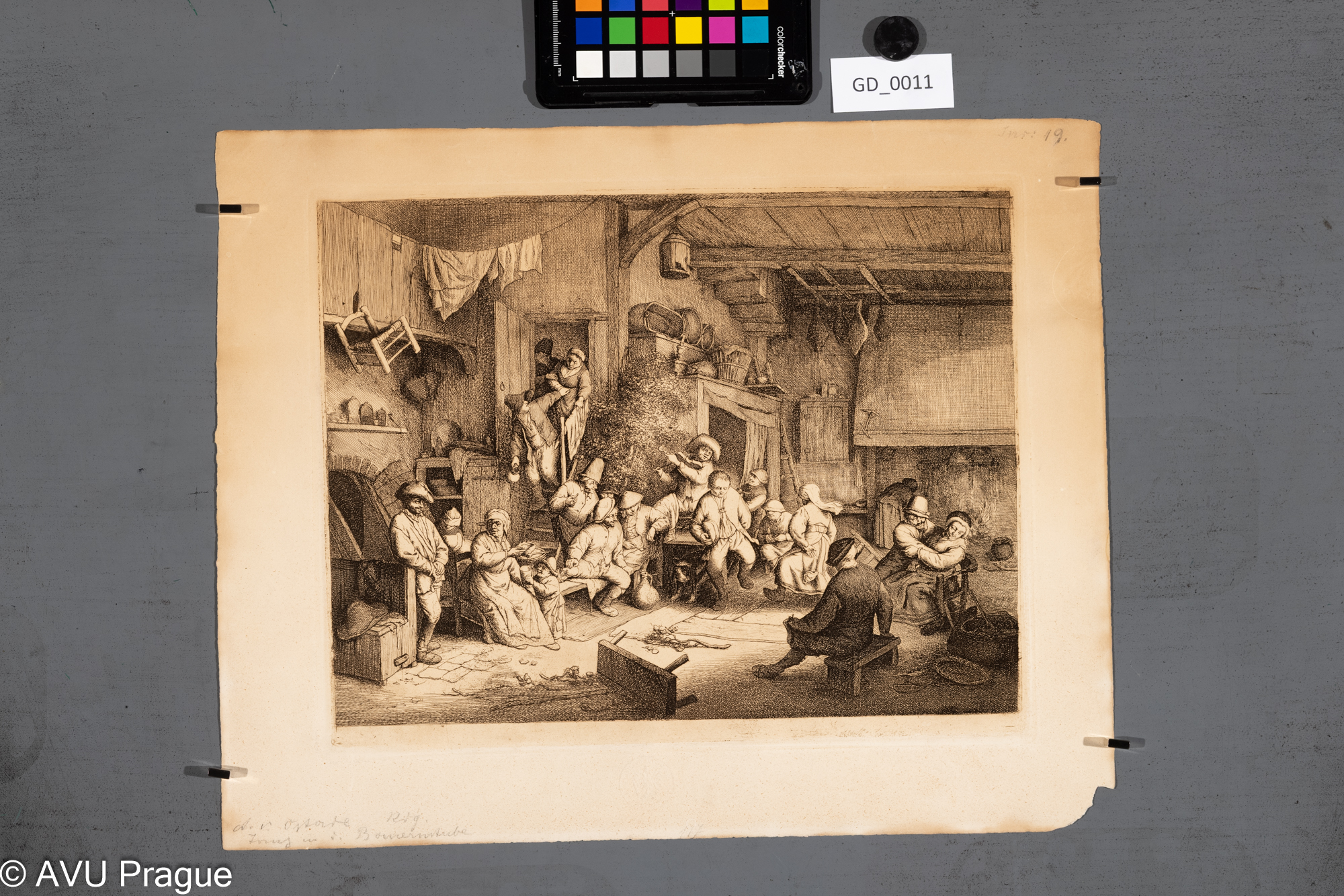 Adriaen van Ostade, Žánr - hospodský výjev, lept, 26 x  32,2, papír - 32,5 x 40, 3; 19.stol- Facsimile, reprodukction der Reichsdruckerei Berlin; C.K.AKADEMIE V PRAZE / K.K. KUNST AKADEMIE PRAG