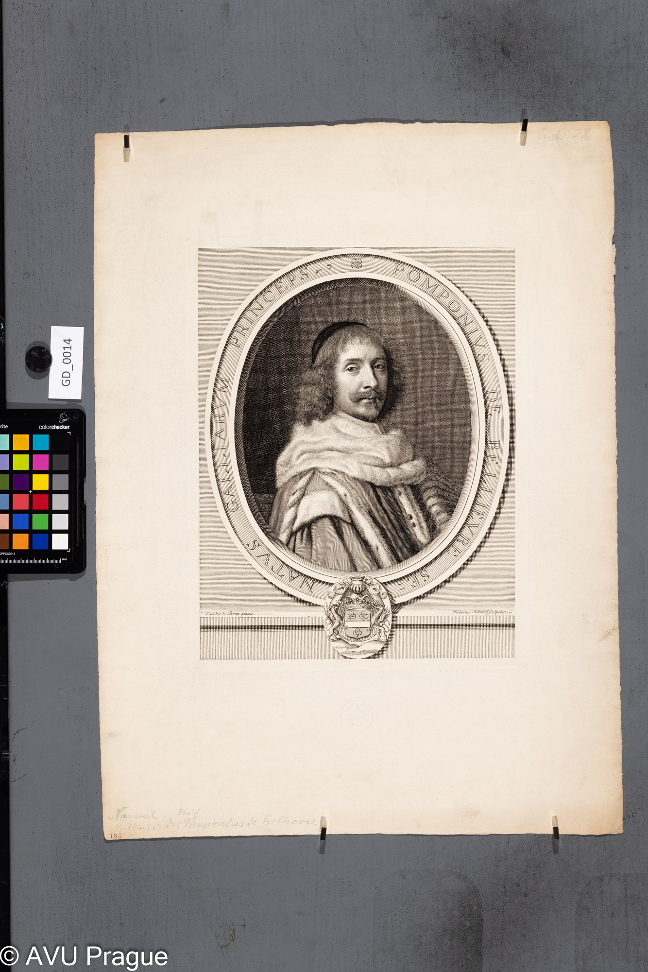 Robert Nanteuil, Pomponne de Bellievre - první předseda pařížského parlamentu, 1657 - originál, rytina, 33 x  24, papír - 53,5 x 39,4; 19.stol- Facsimile, reprodukction der Reichsdruckerei Berlin; C.K.AKADEMIE V PRAZE / K.K. KUNST AKADEMIE PRAG