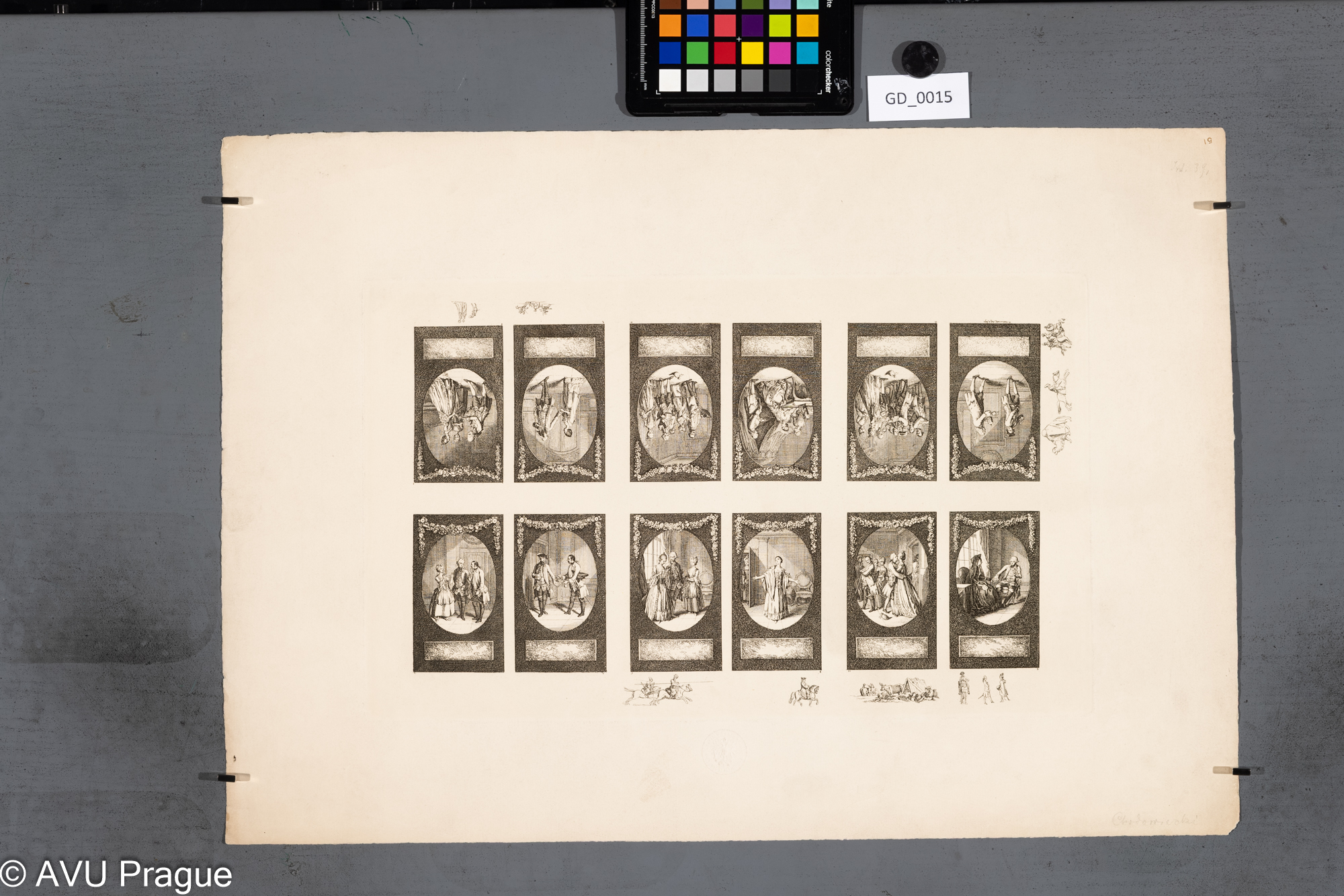 Daniel Chodowiecki, 12 scén z Lessingovy hry "Minna von Barnhelm", 1796 - originál, lept, 24,3 x 39, papír - 39 x 55,3; 19.stol- Facsimile, reprodukction der Reichsdruckerei Berlin; C.K.AKADEMIE V PRAZE / K.K. KUNST AKADEMIE PRAG