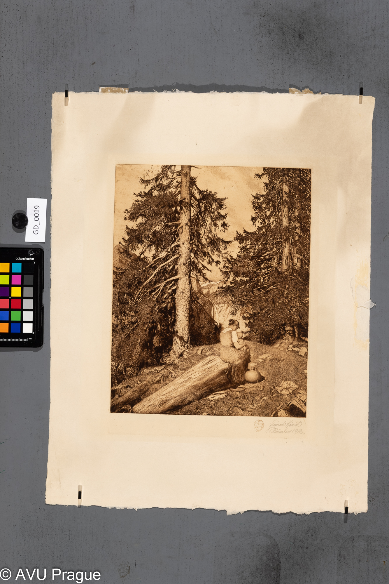 Heinrich Hönich, An den Wasserfall - k vodopádu,1912, Lept, 34,5 x 25, papír - 51,6 x 39,8, Oden an die Natur V - Mnichov 1912