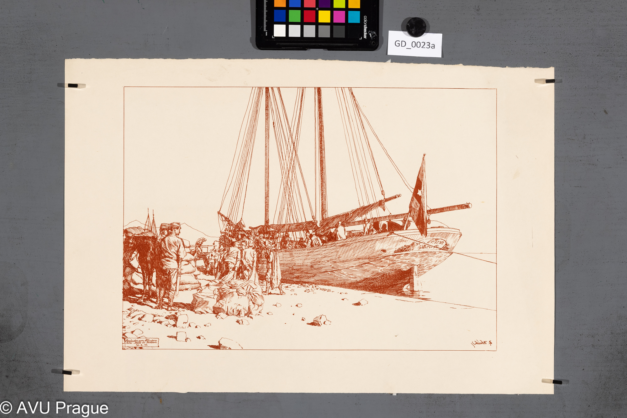 Heinrich Hönich, Nalodění vojáku v přístavu, 06.02.1916, Litografie - kresba perem, 26,5 x 37,8, papír - 33,6 x 49,6