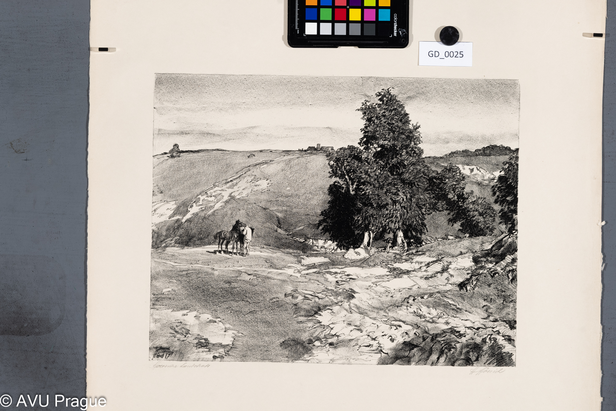 Heinrich Hönich, Muž s koněm v krajině, 1917, Litografie, 37,8 x 29,5, papír- 65,8 x 52,3, cyklus z Haliče?