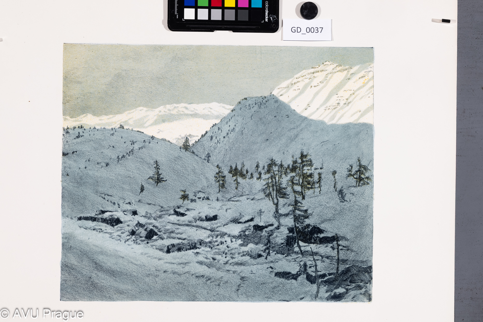 Heinrich Hönich, Zasněžená horská krajina, 1917, Barevná litografie, 28,8 x 35, papír - 59,8 x 54,4,Hönich - An der Tirroller Front