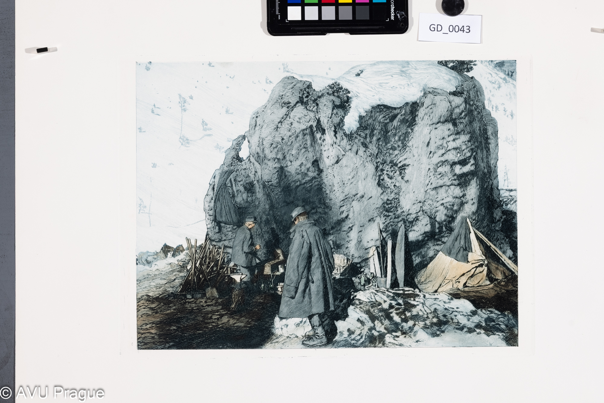 Heinrich Hönich, Polní kuchyně v horách, 1917, Barevný Lept / akvatinta, 27 x 36,5, papír - 59,5 x 54,8, Hönich - An der Tirroller Front