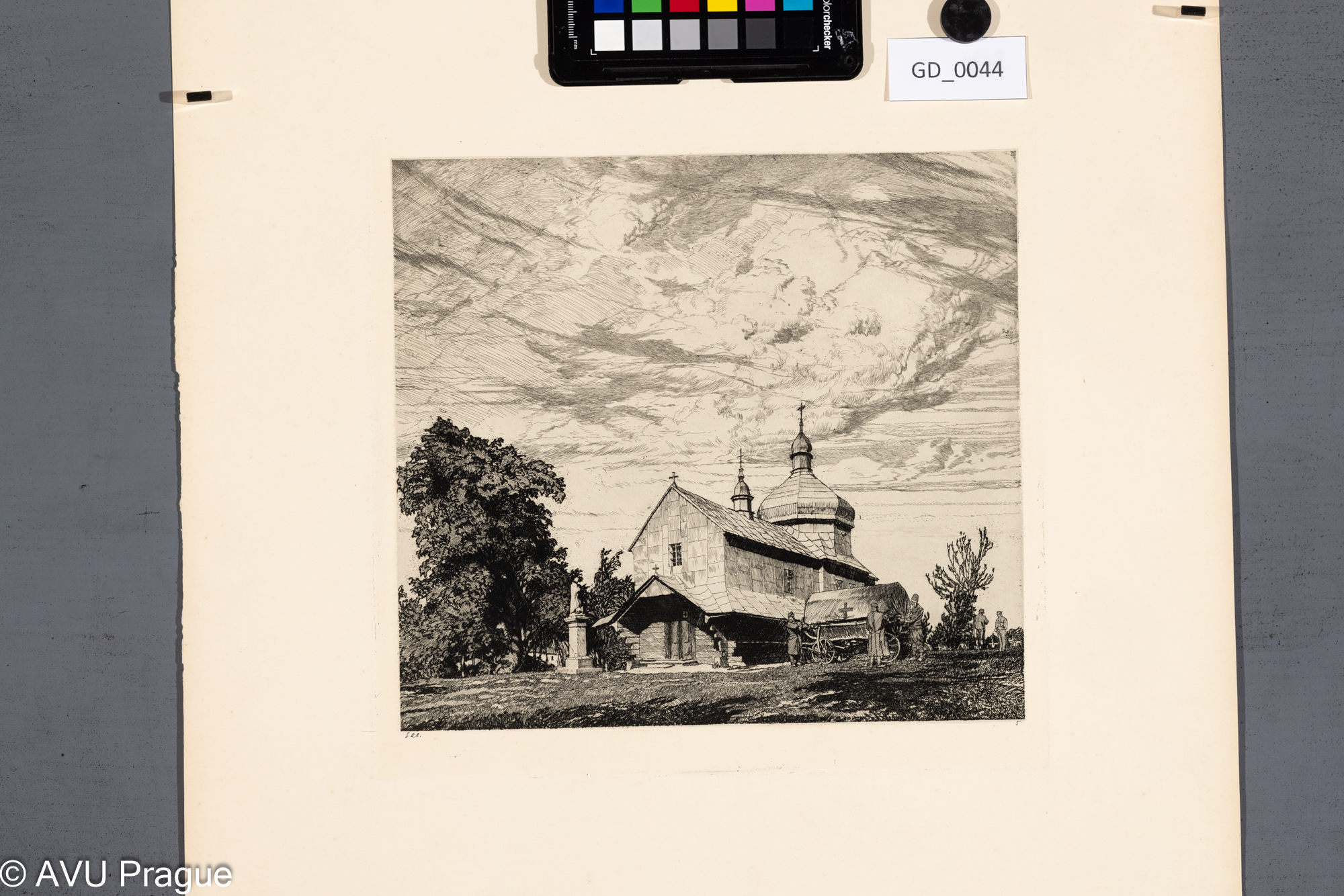 Heinrich Hönich, Lazaretní vůz u kostela, Lept, 1916, 25,5 x 26,8, papír - 43,7x 42, - Hönich z válečné složky Z haličské fronty č.5