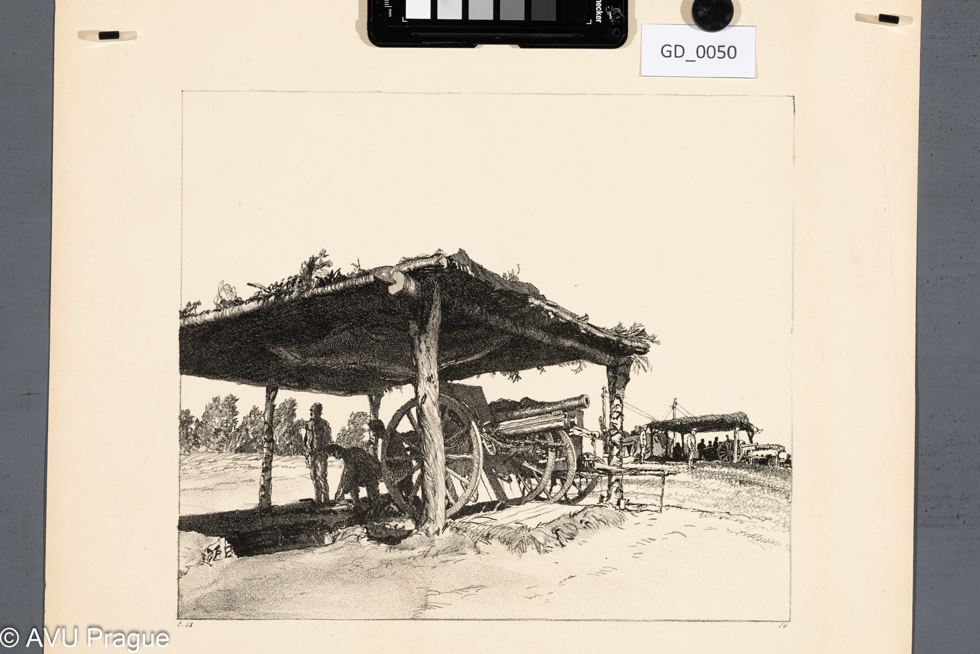 Heinrich Hönich, Kanón, Litografie, 1916; 25,3 x 29,5, 43,7x 41,7, z válečné složky Z haličské fronty č.14