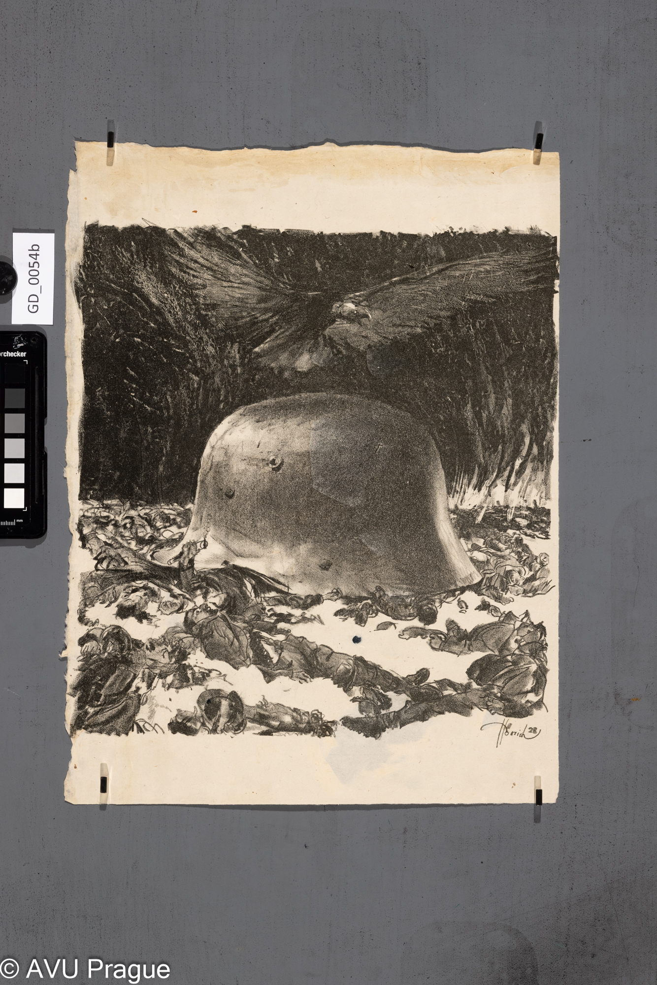 Heinrich Hönich, Vojenská helma, 1928, Litografie, 28,5 x 32; 40 x 29,6