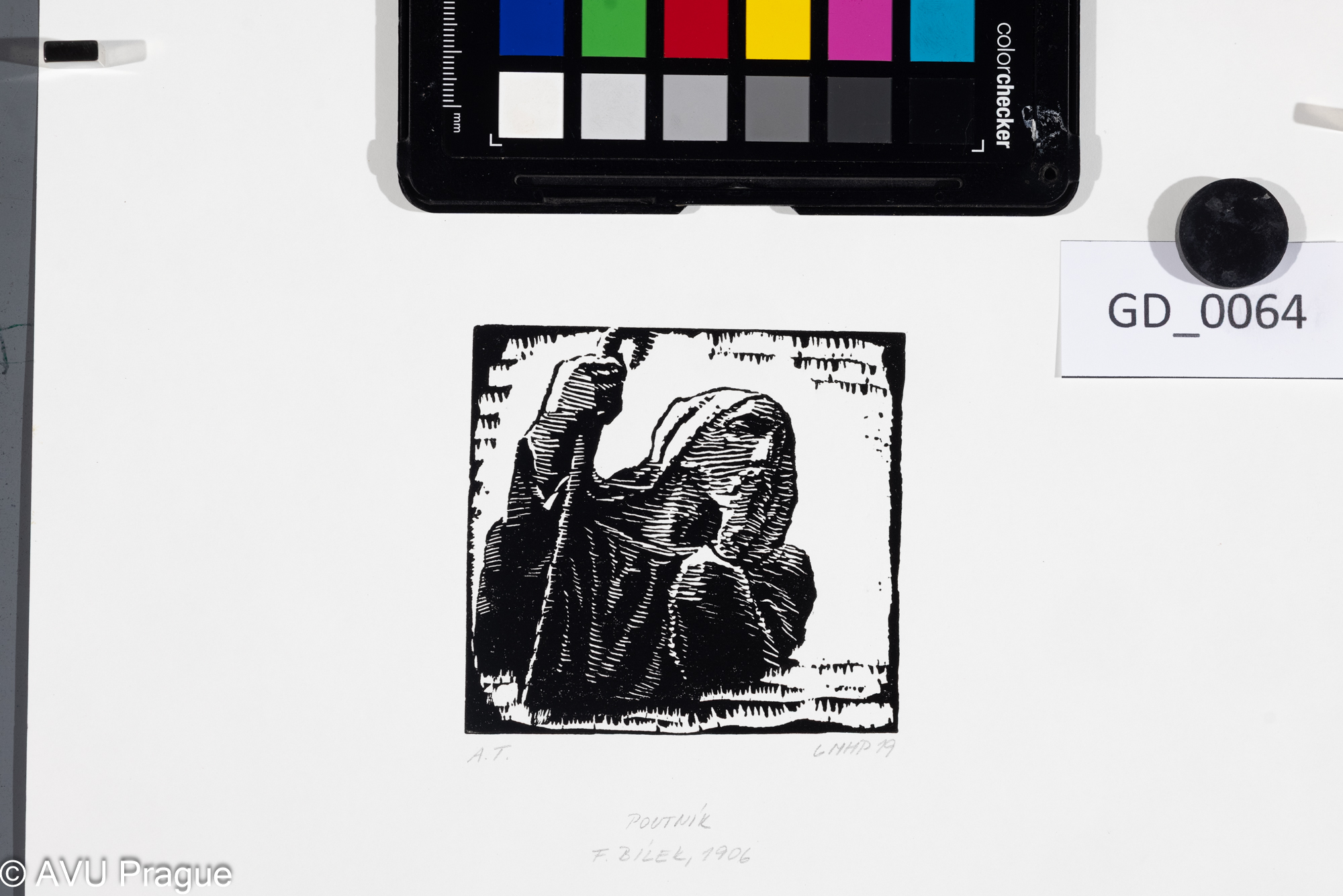 František Bílek;Poutník; 1906Dřevoryt; 7,5 x 8; 35,4 x 25,1;Bílek - novotisky z originálních matric GHMPtisk 2018