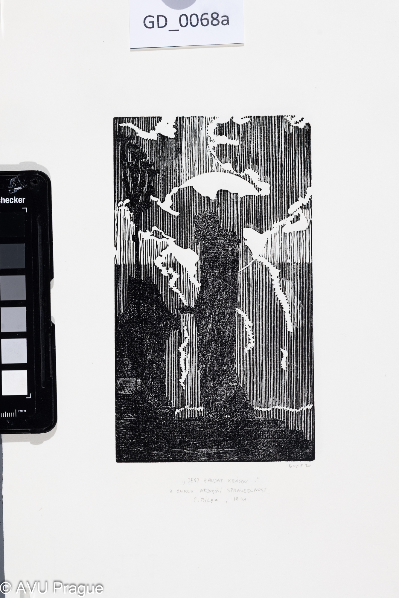 František Bílek;" Jest zaujat krásou...";1914; Dřevoryt;16,5 x 9,5;30,1 x 21;Bílek - novotisky z originálních matric GHMPtisk 2020