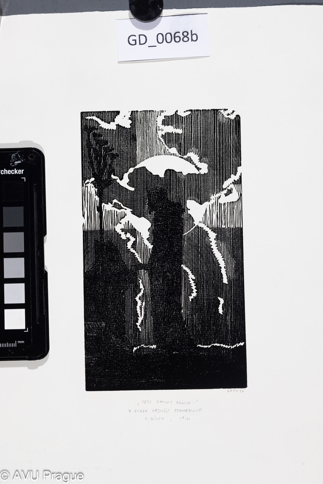 František Bílek;" Jest zaujat krásou...";1916; Dřevoryt; 16,5 x 9,5; 30,3 x 21,1; Bílek - novotisky z originálních matric GHMPtisk 2020