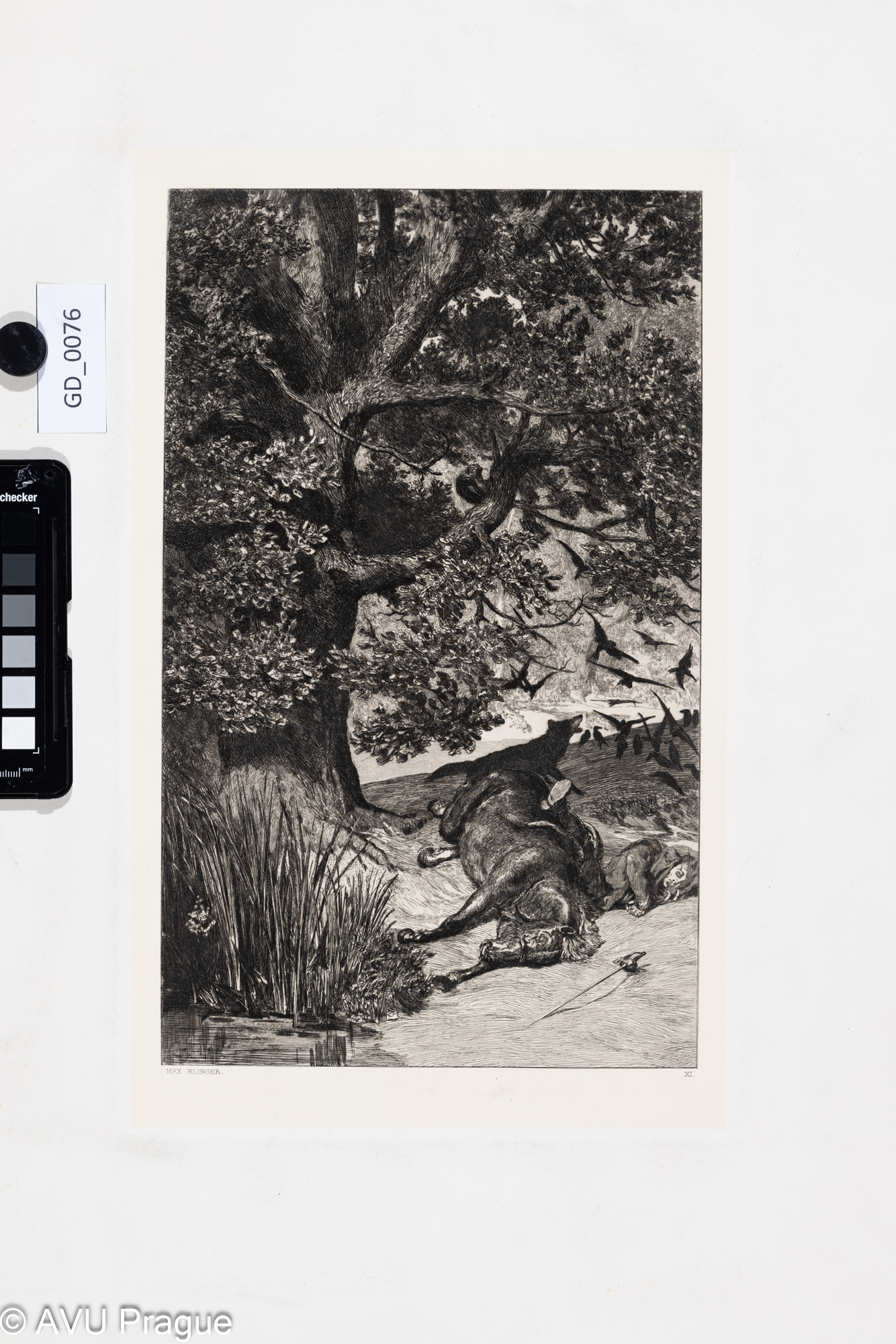 Max Klinger; Padlý jezdec / Gefallener Reiter; 1881; Lept ;36,8 x 22,5; 63 x  44,8; XI. -Intermezzi, Opus IV, List 11