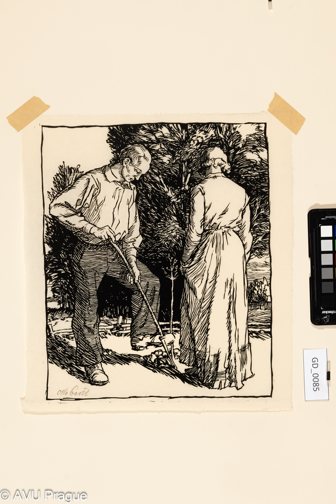 Otto Bertl; V zahradě; 30 leta;Dřevořez; 29,5 x 24,3; 31,8 x 28,7;Hönich