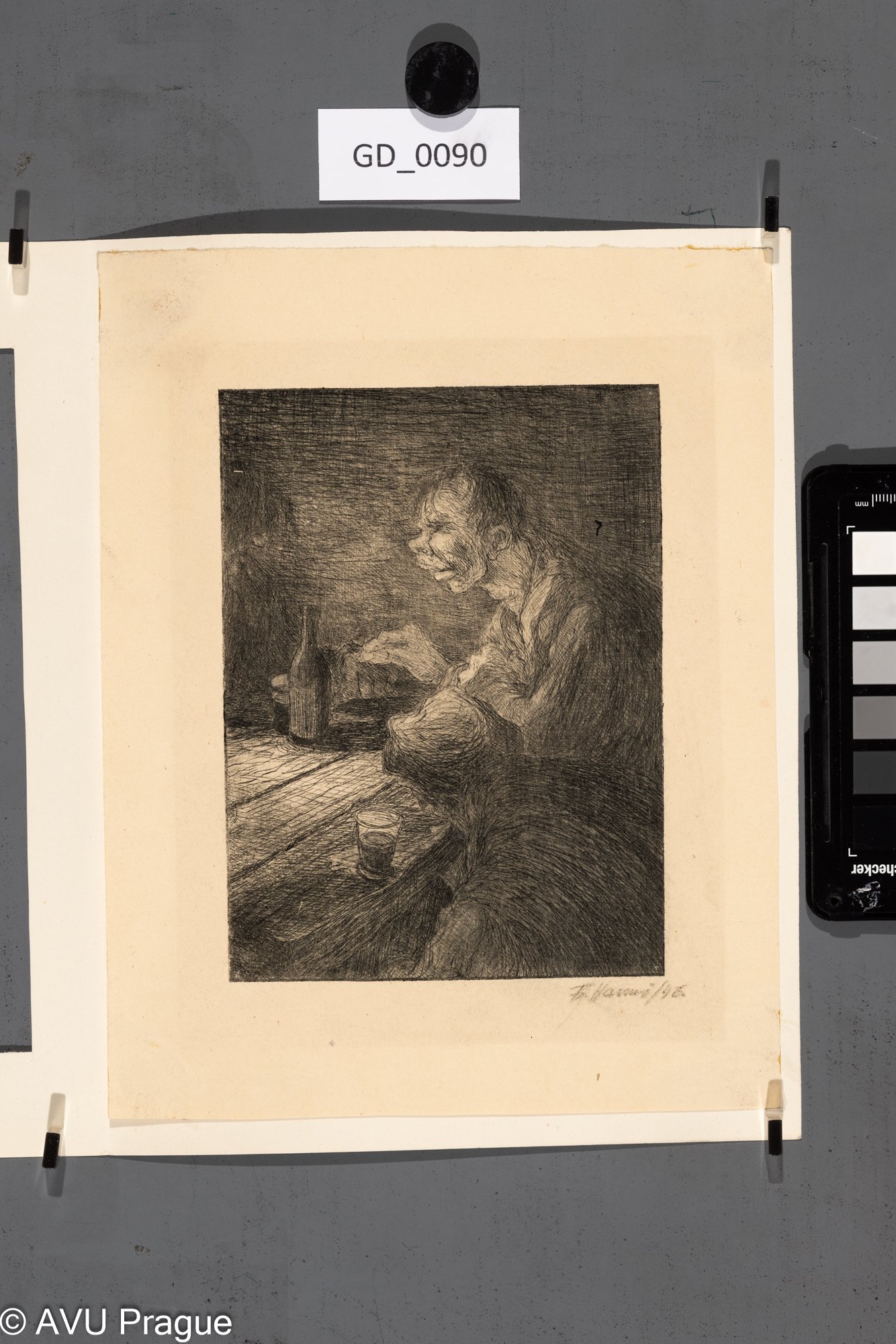 Hanuš Břetislav; Žánrová scéna - muž u stolu; 1946; Suchá jehla;16,3 x 12; 23,2 x 18,4; Pukl