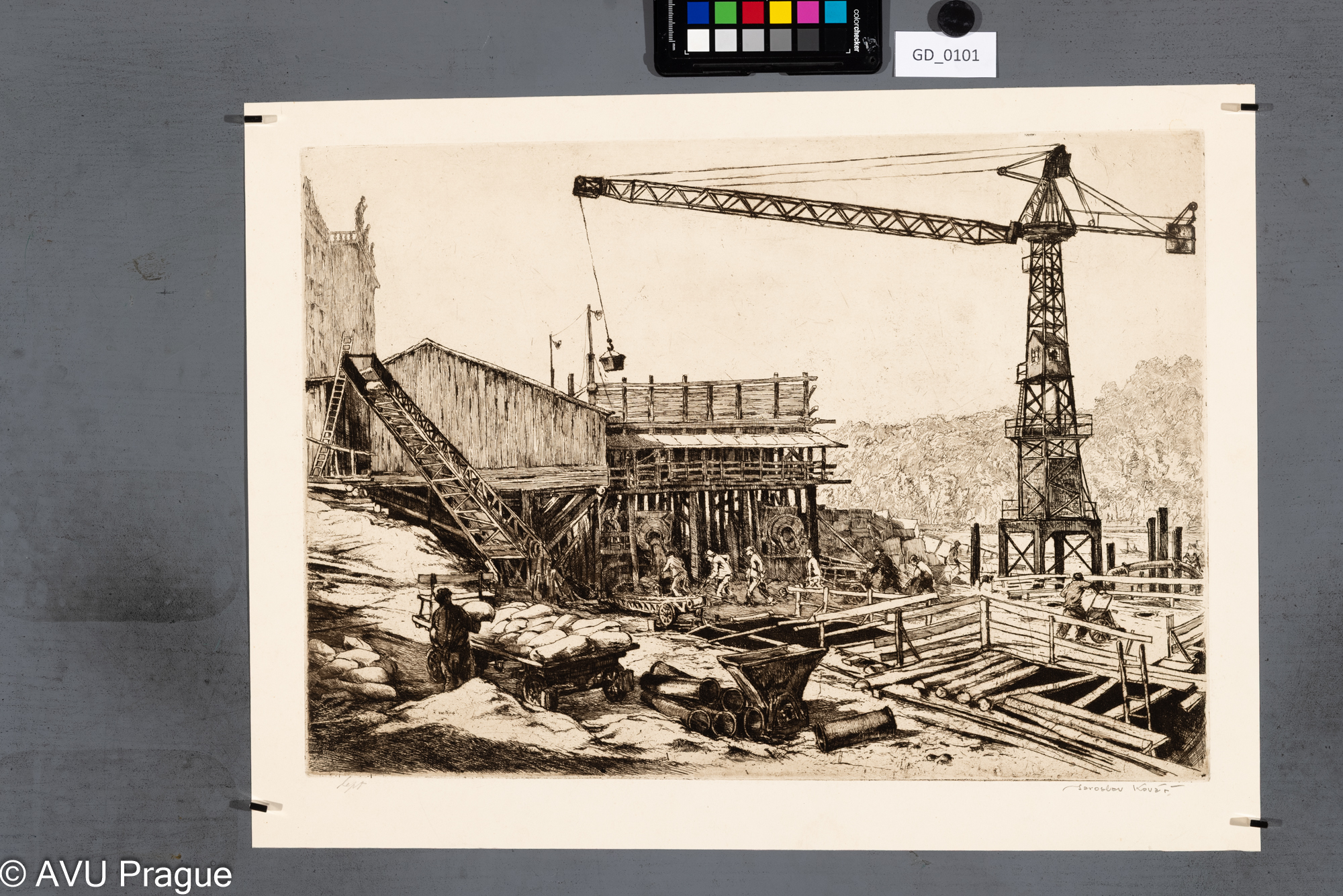 Jaroslav Kovář; Na stavbě; Lept;34,6 x 49,6; 41 x 55,3; Silovský