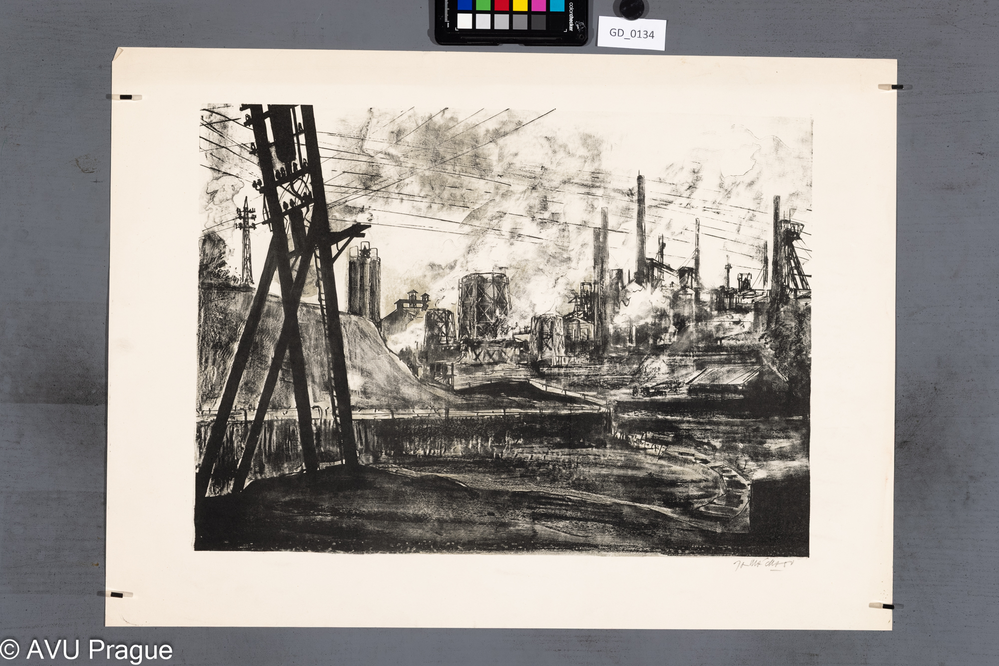 Jan Mácha ?; Hutě; Litografie - křída, lavirovana tuš; 36,2 x 50; 46,8 x 64Silovský