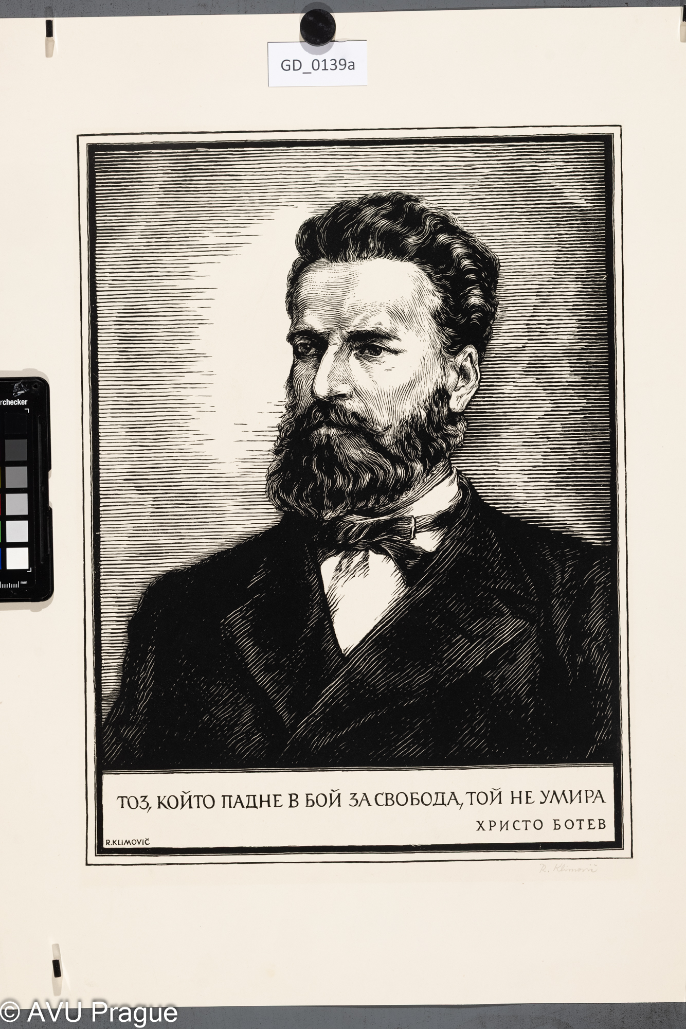 Rudolf Klimovič; Christo Botev;Dřevoryt; 40,7 x 45,9; 55,2 x 41,7;Silovský; Ten kdo padne v boji za svobodu, ten neumírá