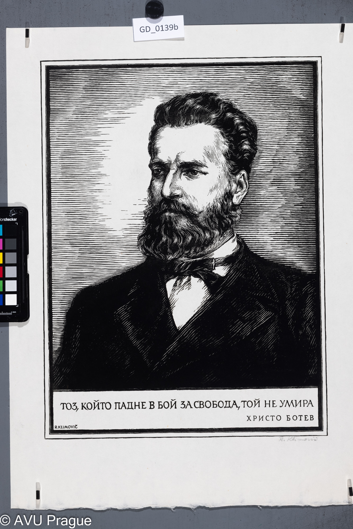 Rudolf Klimovič; Christo Botev; Dřevoryt;40,7 x 45,9; 52 x 38;Silovský; Ten kdo padne v boji za svobodu, ten neumírá