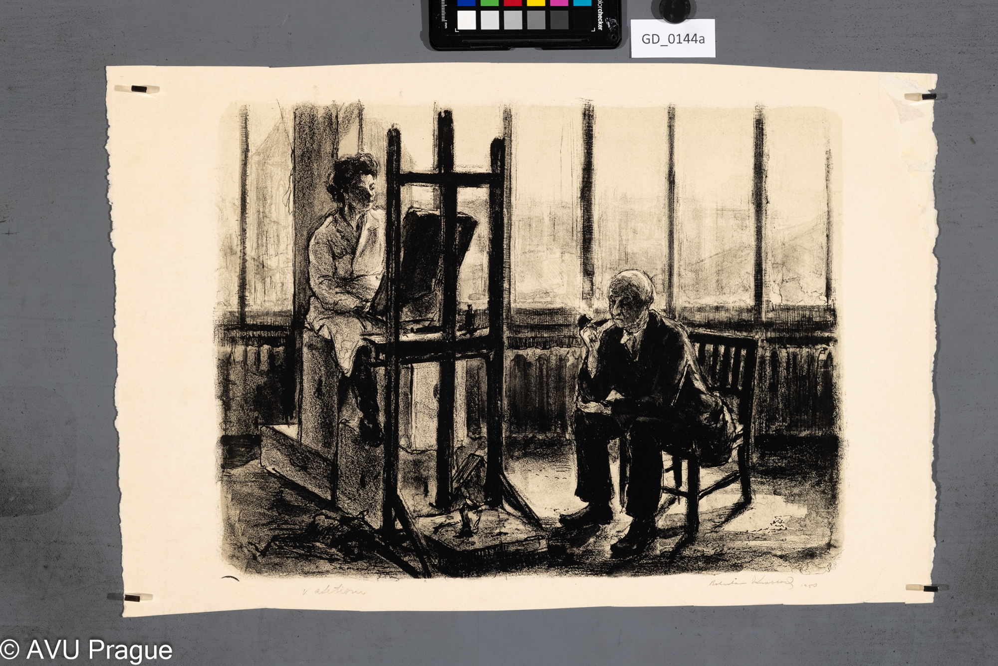 Bohuslav Knobloch; V atelieru; 1950; Litografie - lavirovaná tuš, podtisk; 30,2 x 41; 35 x 53; Silovský
