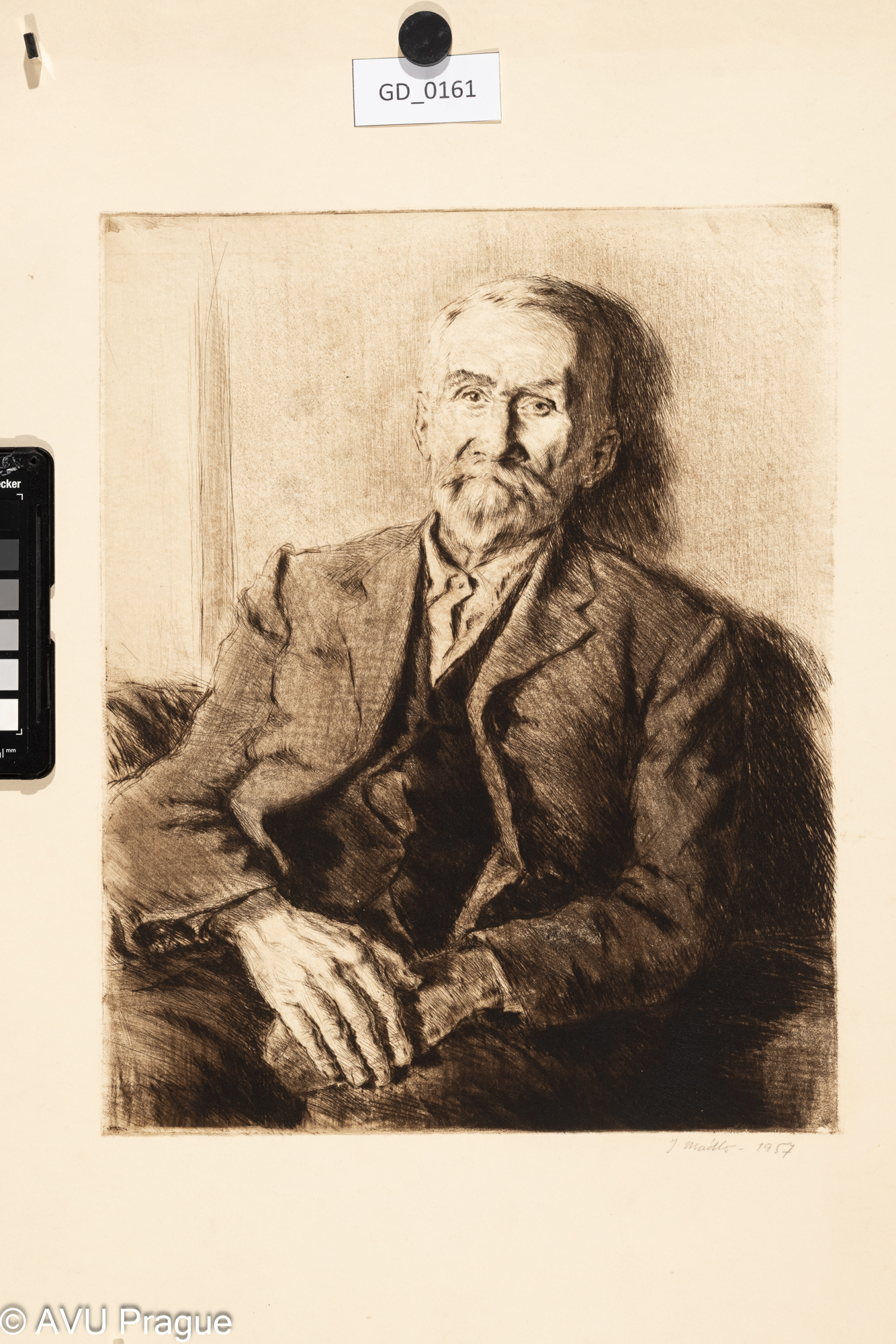 Jiří Mádlo; Portrét muže s knírem;1957; Suchá jehla; 34,7 x 27,5;55,8 x 43,3; Silovský