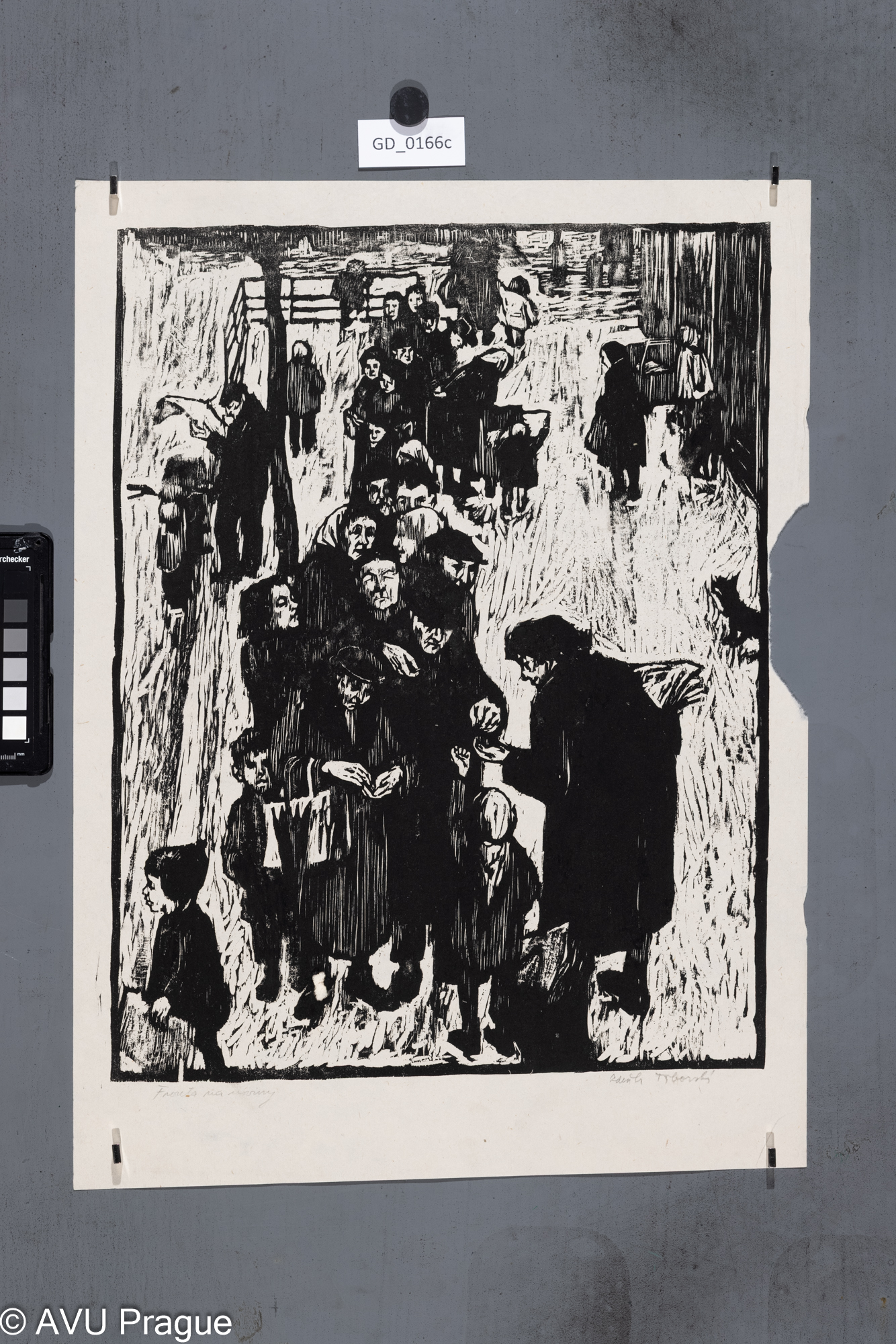 Zdeňka Táborská; Fronta na noviny;1957; Dřevořez; 44 x  33,5; 51,3 x 37,5; Silovský