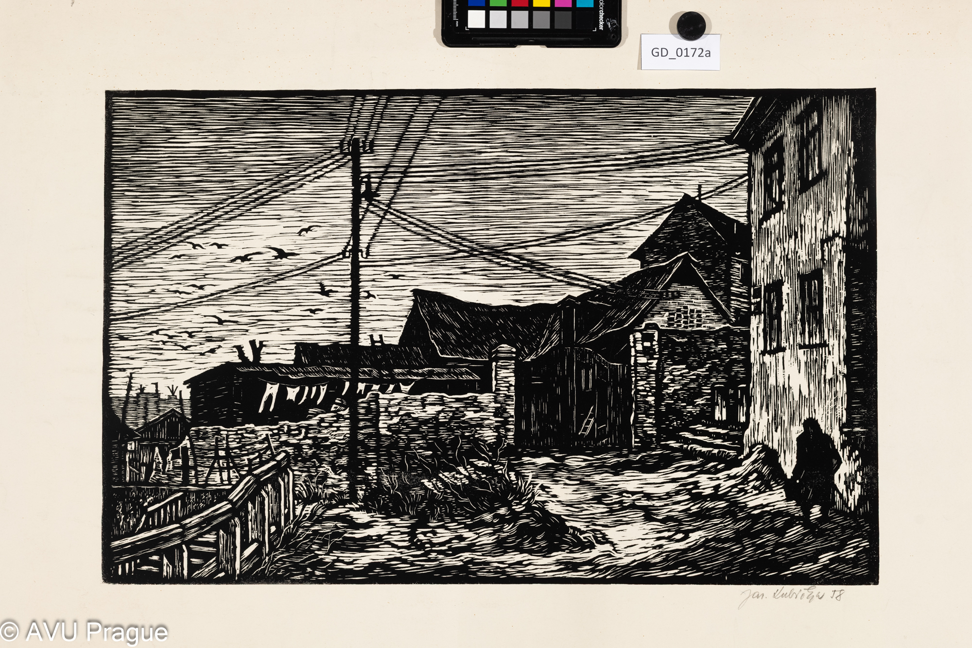 Jaroslav Kubička; Staré Vršovice I.;1958; Dřevořez; 34,6 x 53,8;52,6 x 80; Silovský