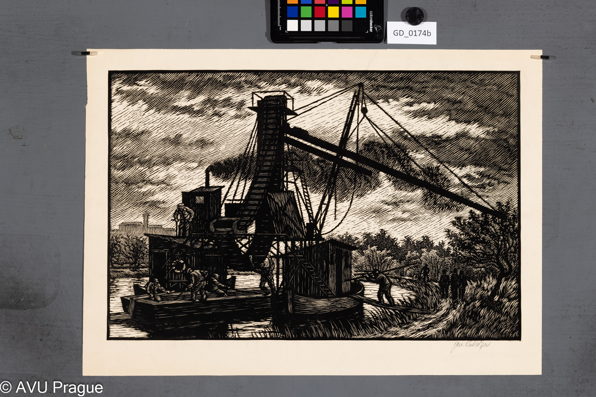 Jaroslav Kubička; Nakládání do člunu; Dřevoryt; 29,8 x 45,6; 36 x 50,3;Silovský