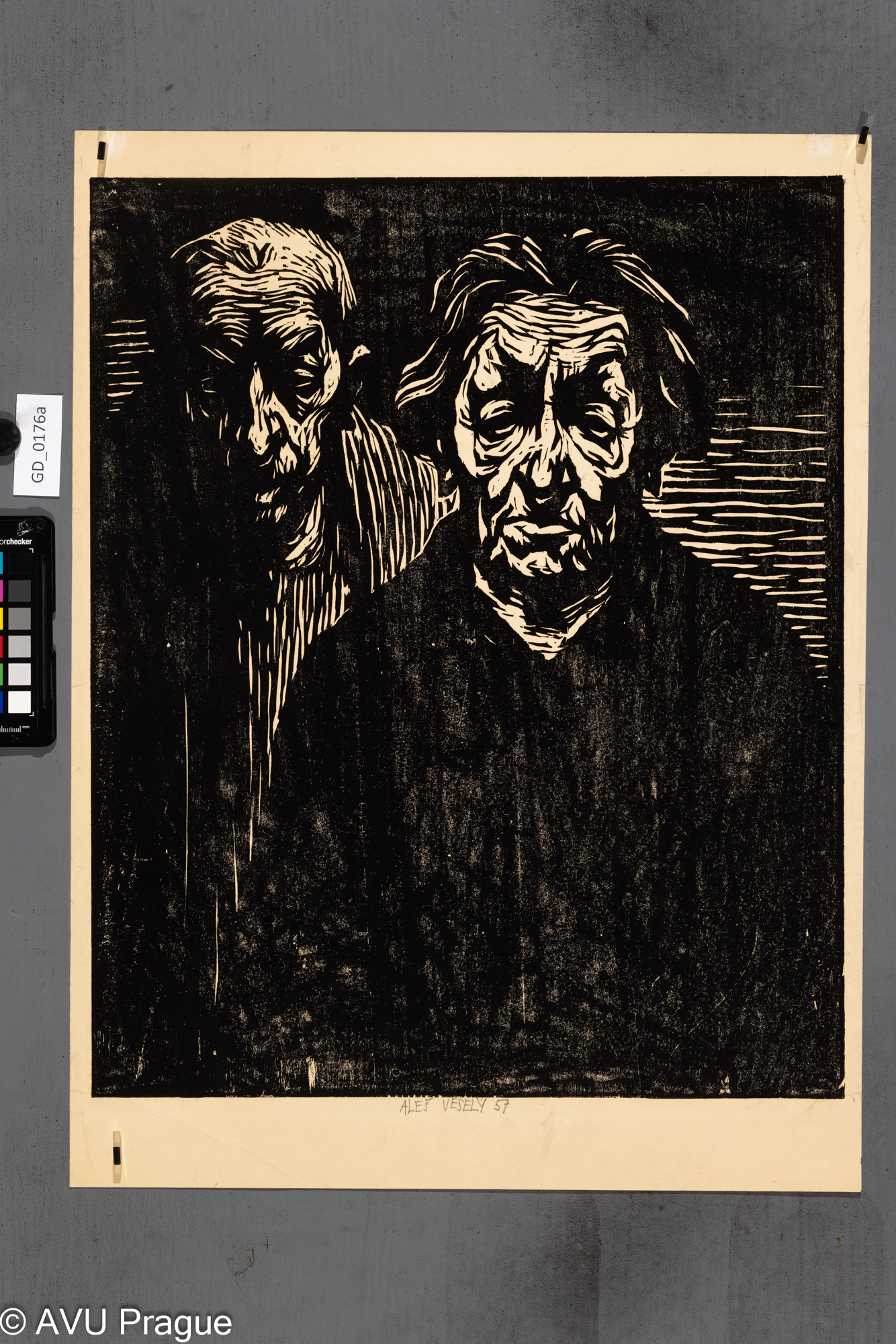 Aleš Veselý; Dvojice staříků;1957; Dřevořez; 50 x 41; 57 x 42,8;Silovský