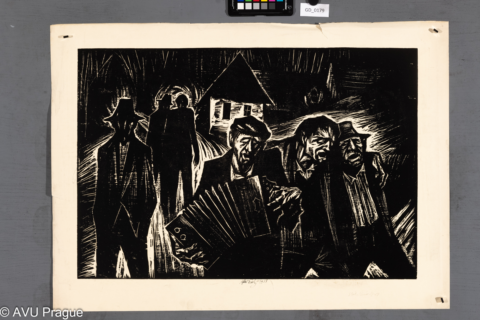 Aleš Veselý; Vesničané; 1958;Dřevořez; 44,4 x 65,4; 55,2 x 76,5;Silovský  státní práce