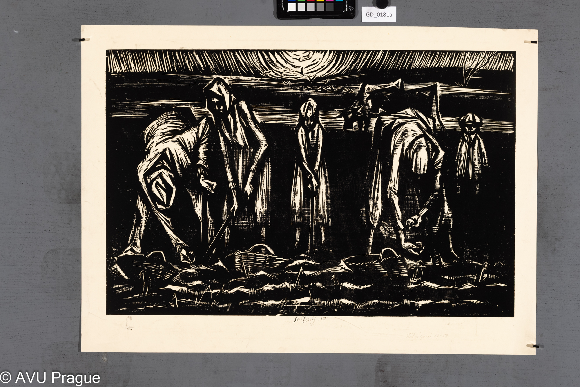 Aleš Veselý; Práce na poli; 1958; Dřevořez; 42,3 x 65; 52 x 72,5;Silovskýstatní práce 57 - 58