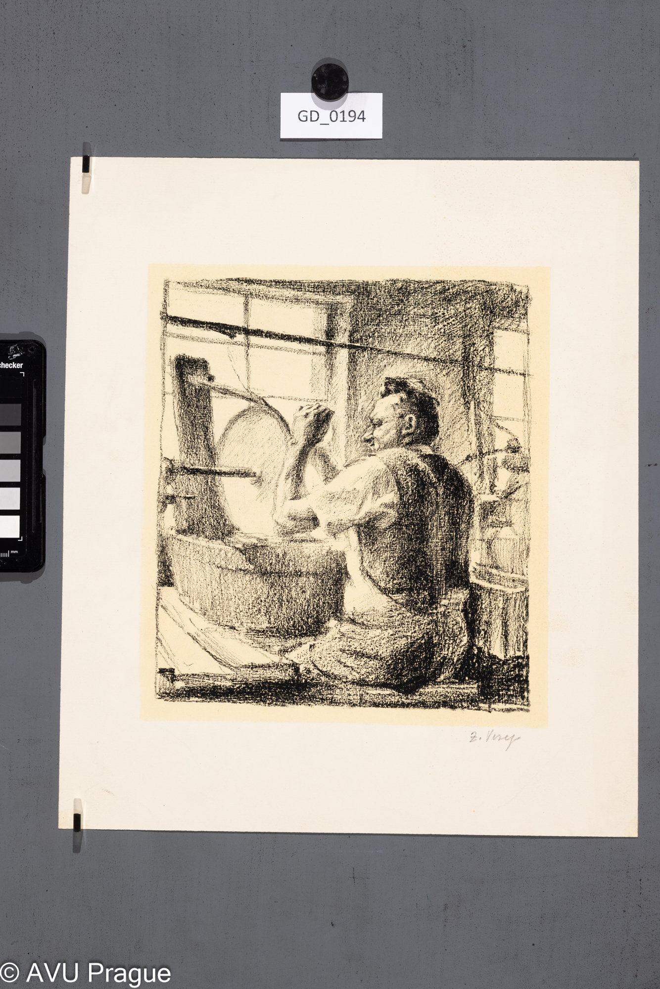 Zdeňek Veselý, Brusič ve sklárně,Litografie - podtisk, 24,7 x 21,9, 36,1 x 30.7, Silovský