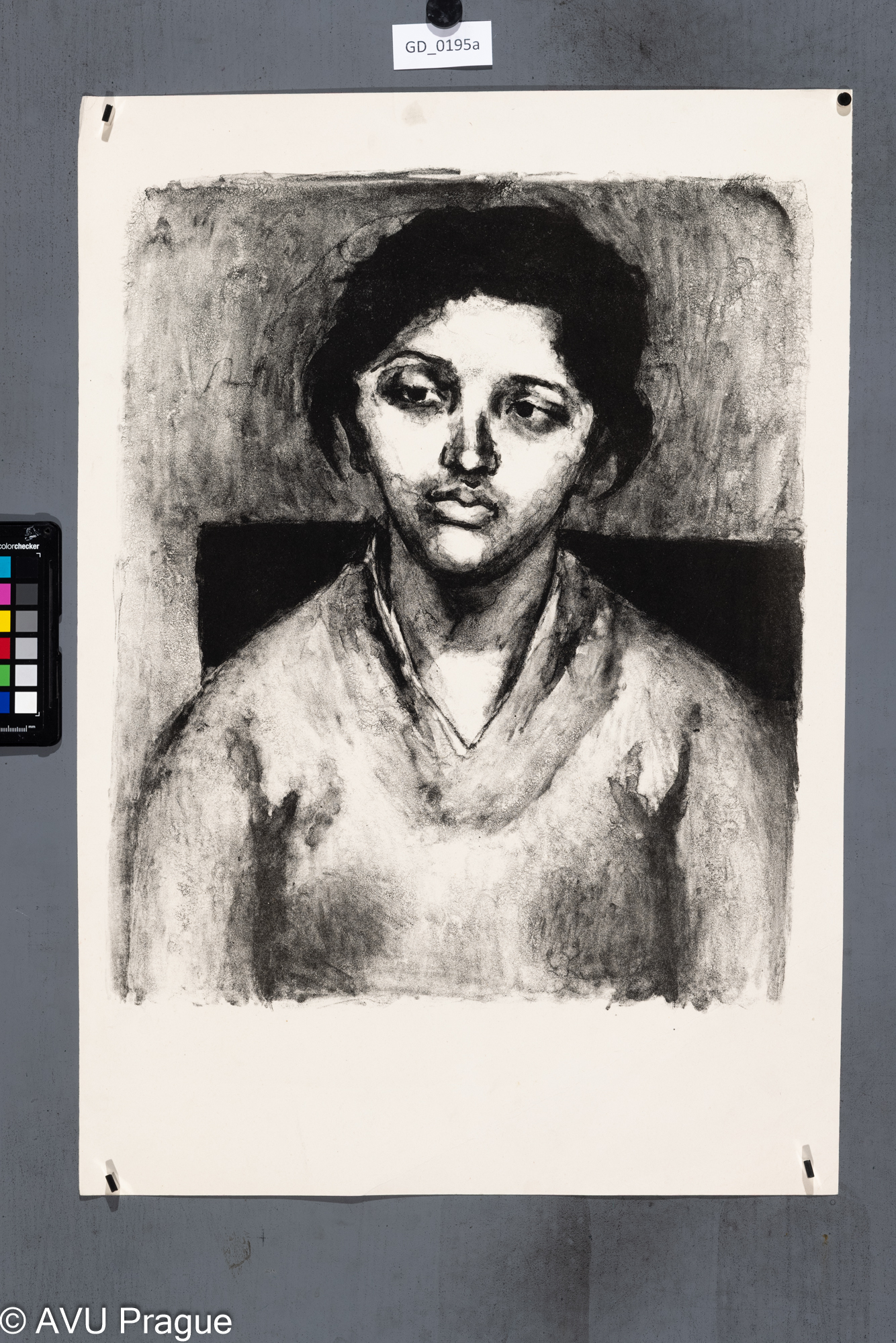 Jiřina Kubínová, Portrét ženy z anfasu, Litografie - tuž, 46 x 38, 61 x 42,4, Silovský