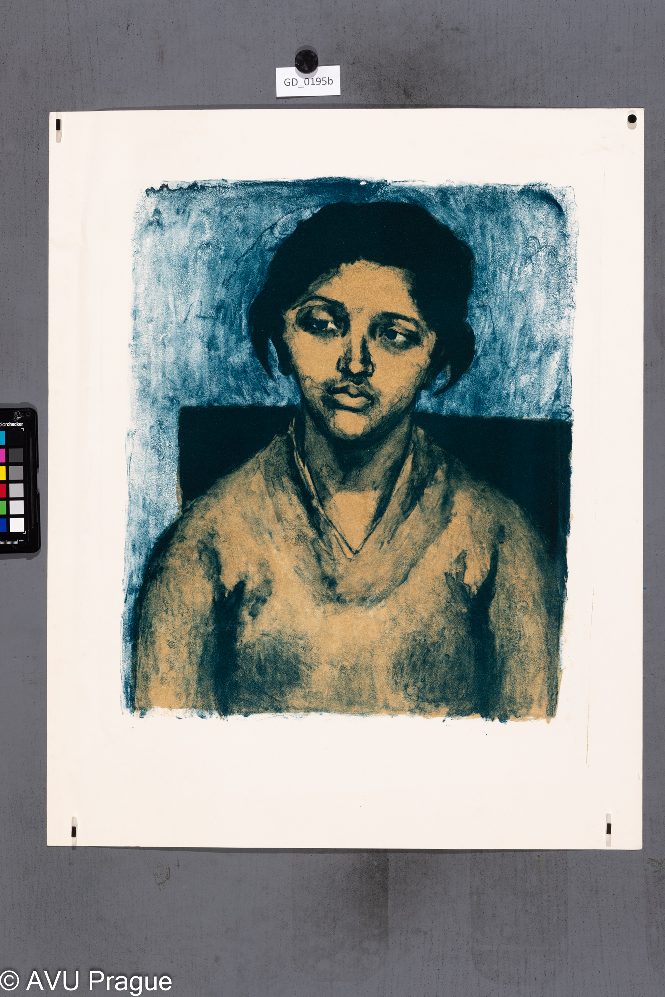 Jiřina Kubínová, Portrét ženy z anfasu, Barevná litografie - tuž lavirovana, 46 x 38, 63,3 x 51,Silovský