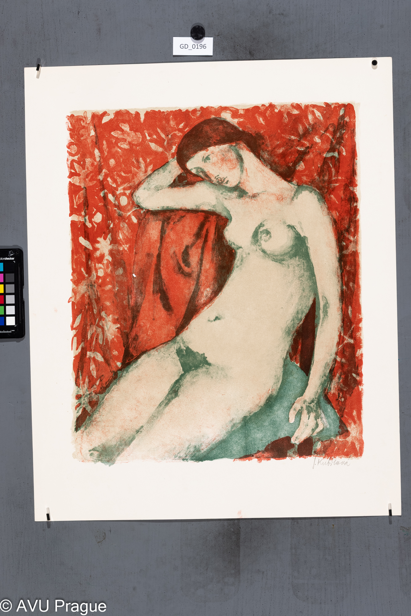 Jiřina Kubínová, akt - žena, Barevná litografie - tuž lavirovana,49 x 40,5, 63,4 x 51, Silovský