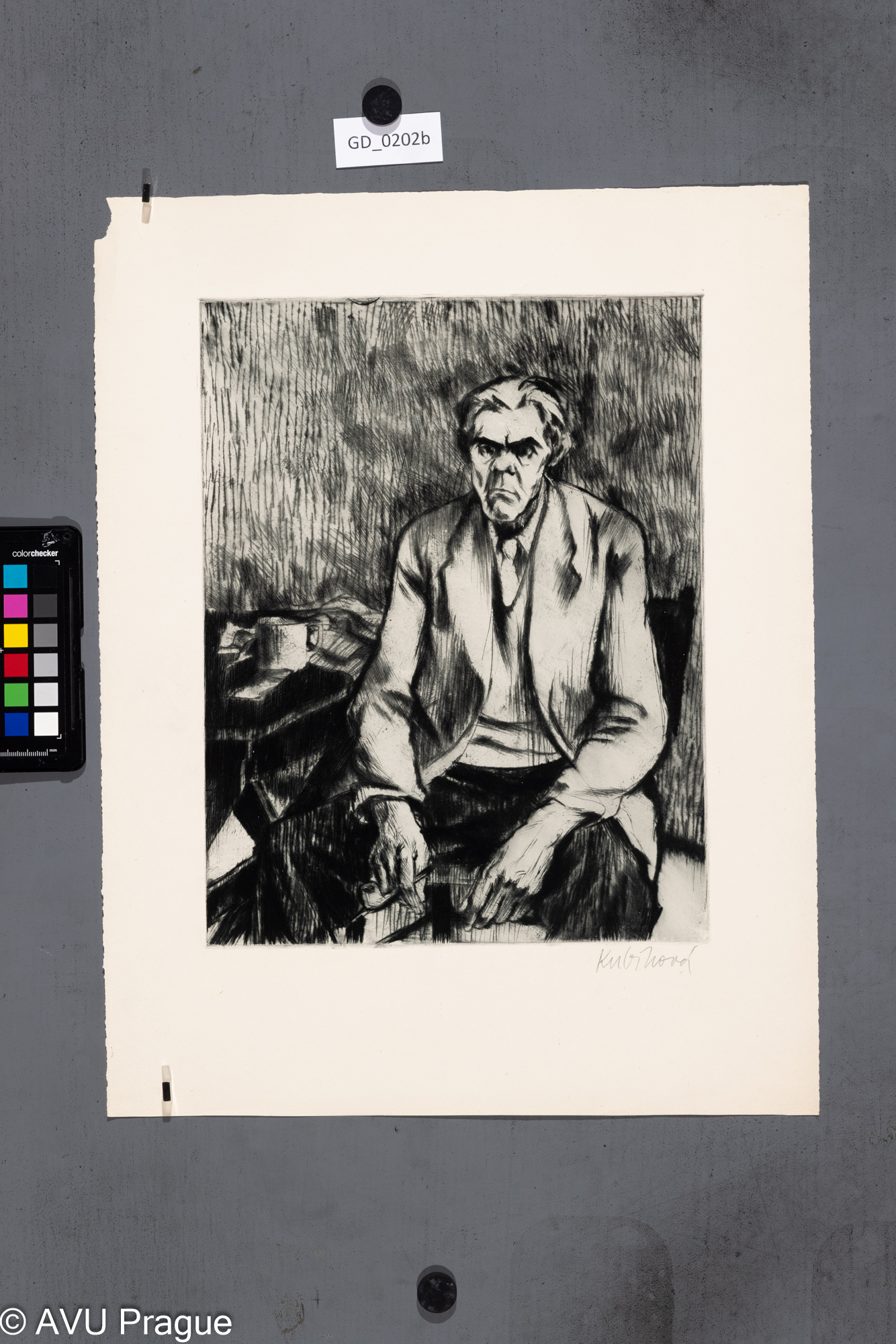 Jiřina Kubínová, Portrét muže s dýmkou, 1959, Suchá jehla, 35 x 25,6, 47,1 x 36,5, Silovský