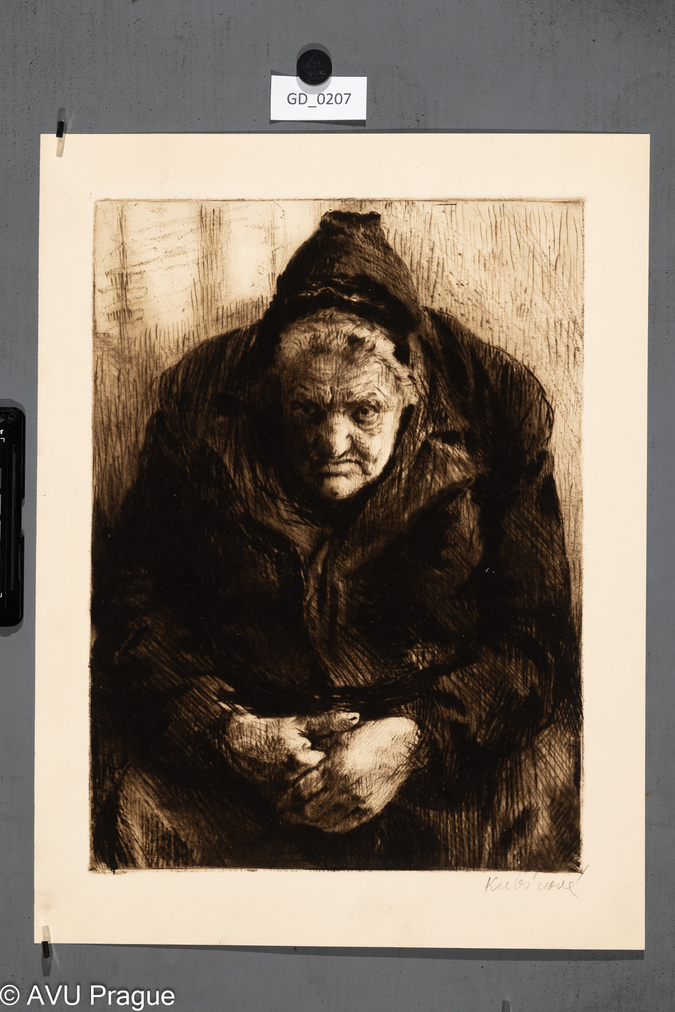 Jiřina Kubínová, Prodavačka novin,1955, Suchá jehla, 38,3 x 28,46,2 x 34,6, Silovský