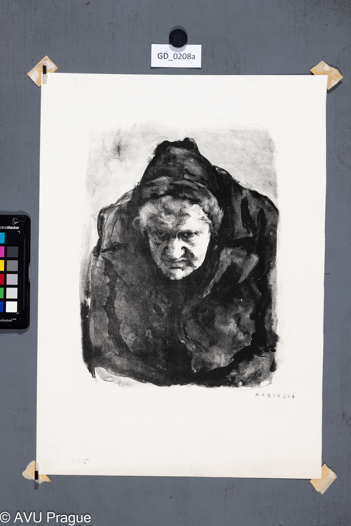 Jiřina Kubínová, Prodavačka novin,1955, Litografie - tuž, 29,5 x 23,5,44 x 31, Silovský