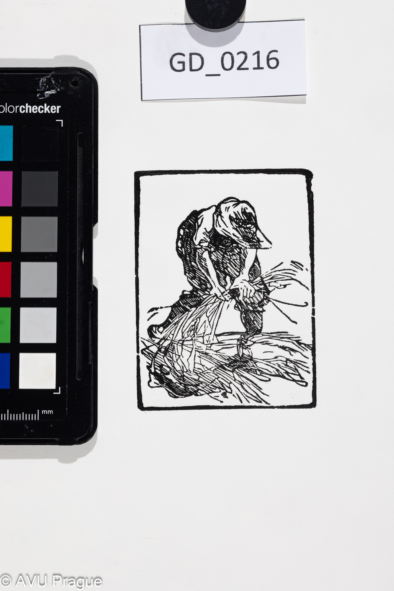 Jiřina Kubínová, Sběrač sena,Dřevoryt, 8 x 6, 35 x 25, Silovský,novotisk z originální matrice 2023 - nikdy netištěná