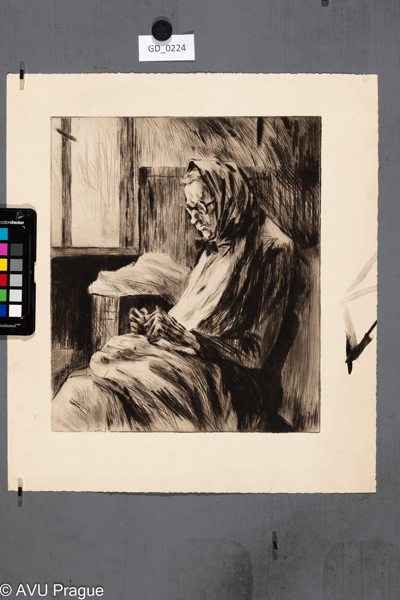 Jiřina Kubínová, Stará žena šije,Suchá jehla, 31 x 26,7, 42 x 36,5,Silovský