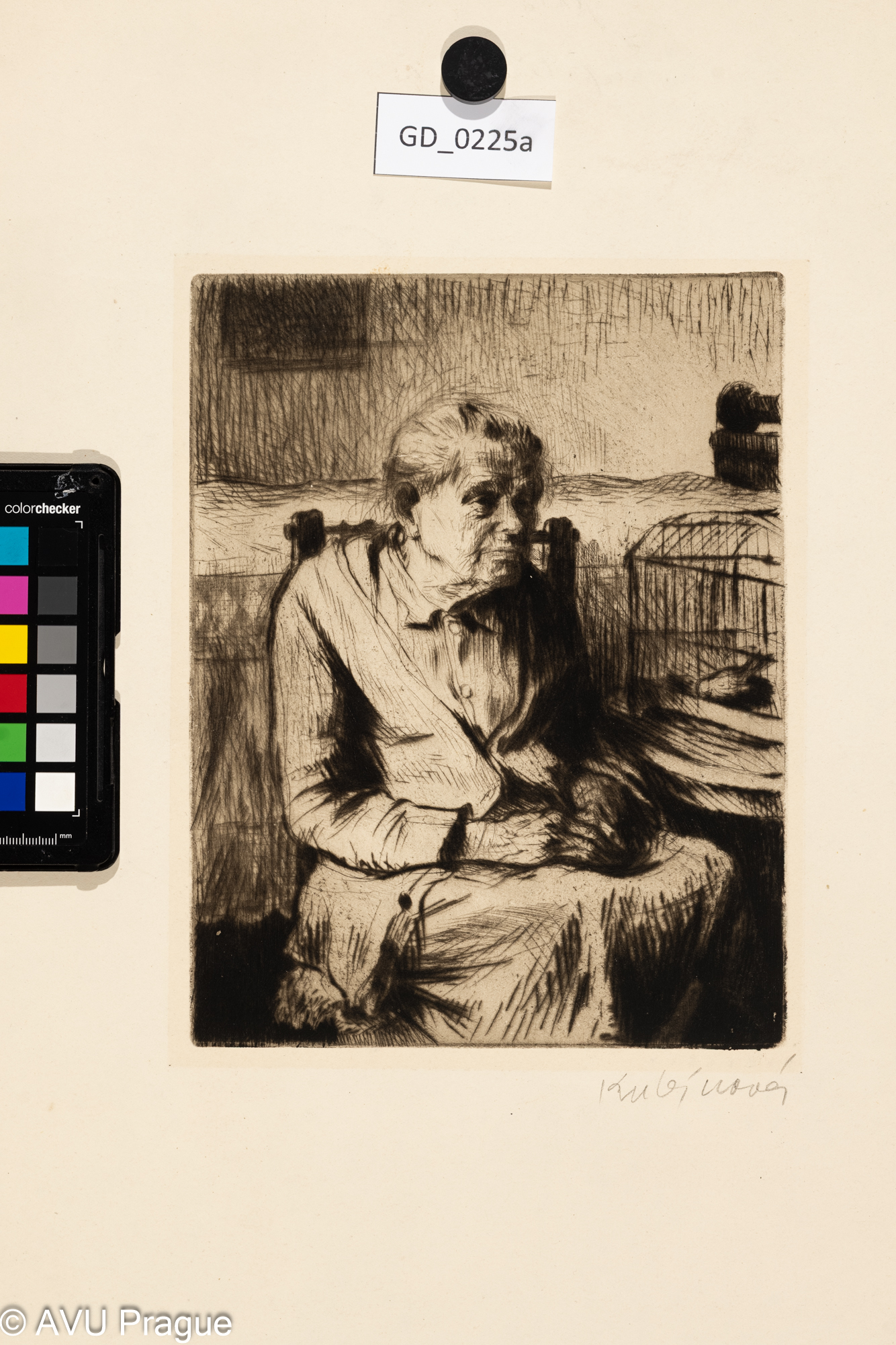 Jiřina Kubínová, Babička s kanárkem, 1957, Suchá jehla, 25 x 19,5, 53,6 x 41,2, Silovský