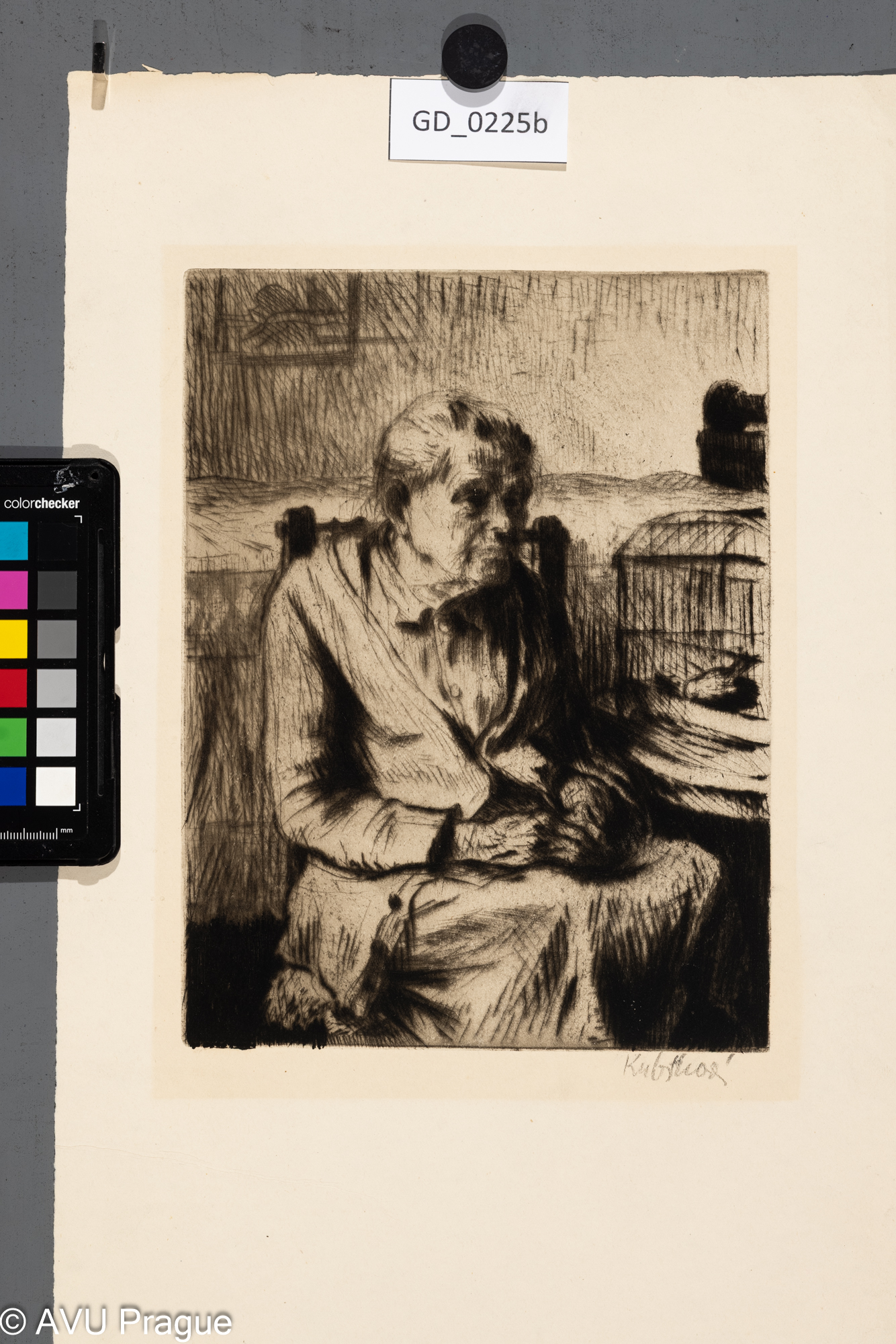 Jiřina Kubínová, Babička s kanárkem,,1957, Suchá jehla, 26 x 19,5, 42 x 26,7,Silovský