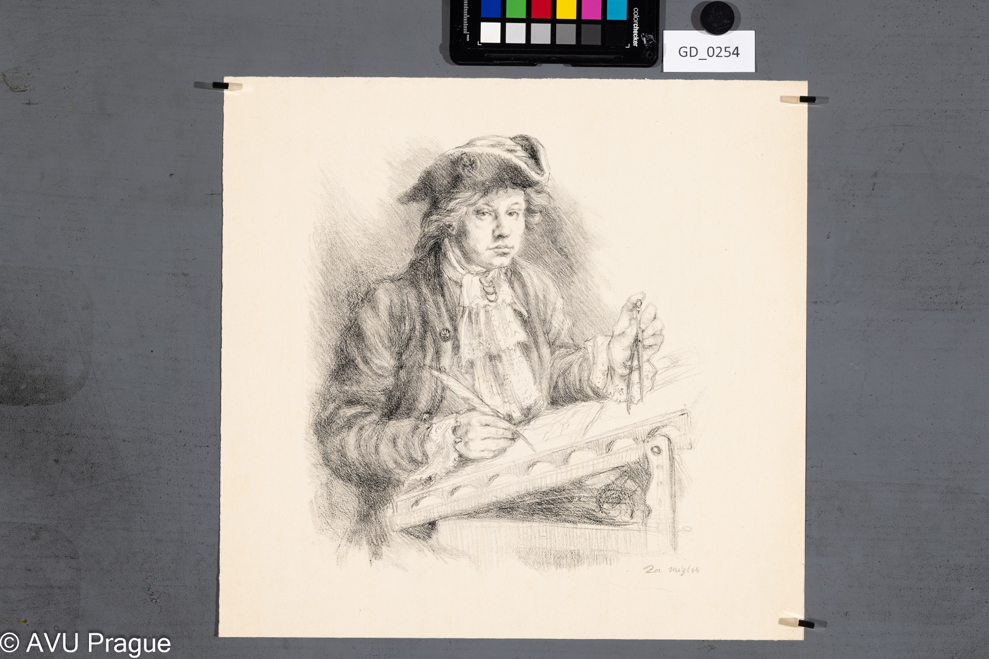 Zdeněk Mézl, Měřič v rokokovém oděvu, 1954, Litografie,30,5 x 30,5, Silovský