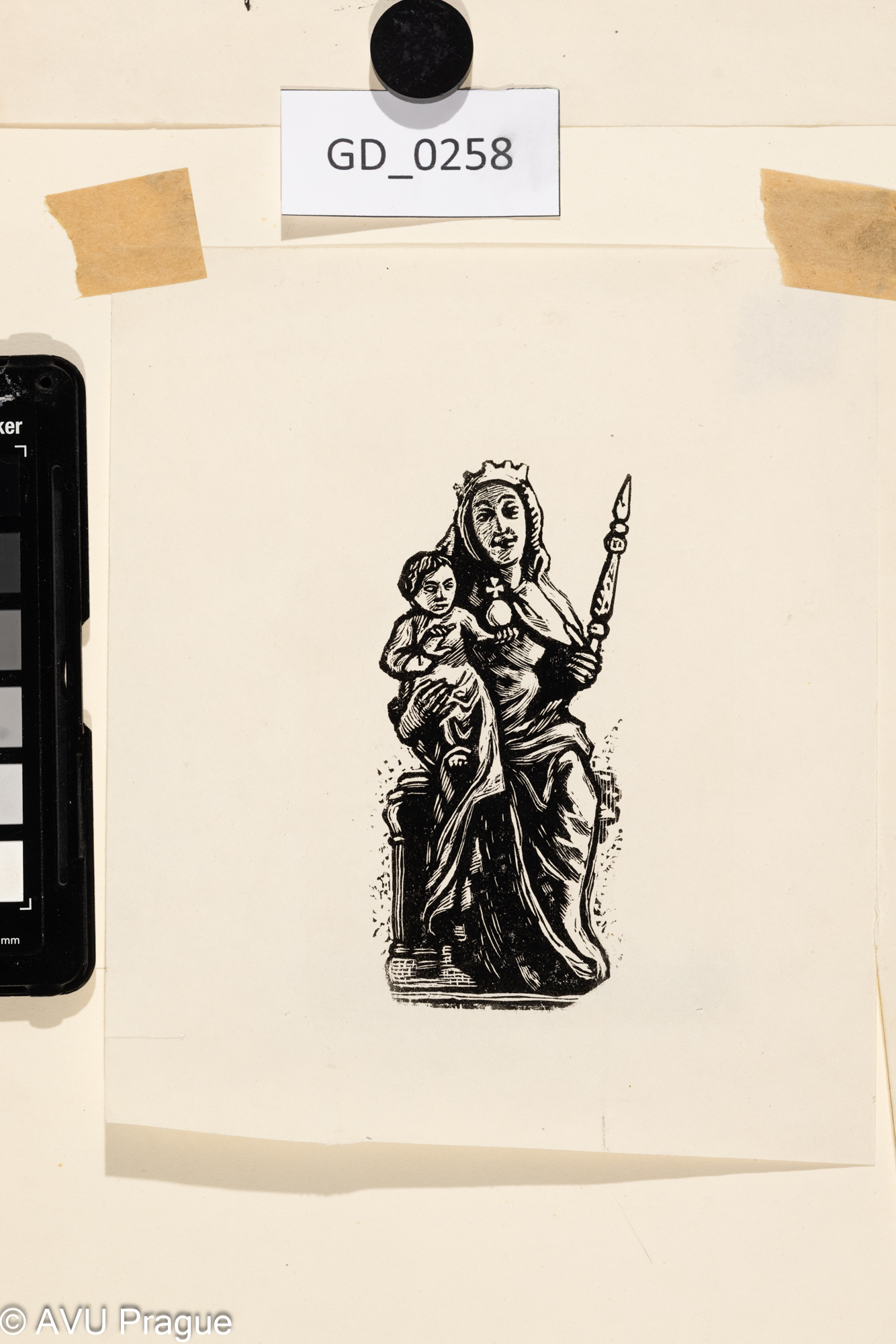 Zdeněk Mézl, Ilustrace - Trůnící madona s ježíškem- socha, 1960, Dřevoryt,10,5 x 4,317,3 x 15Silovskýv paspartě s 4 dalšími motivy