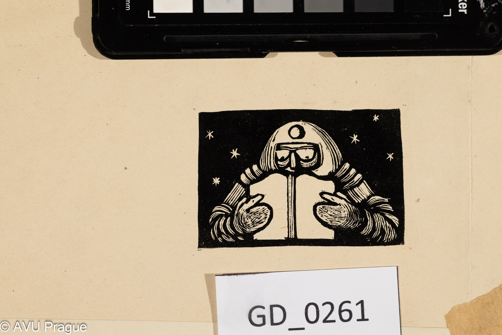 Zdeněk Mézl, Čtenář kosmonaut,1960, Dřevoryt, 4 x 6,3, 15 x 16,3,Silovskýcyklus 9 čtenářů - společná paspatra