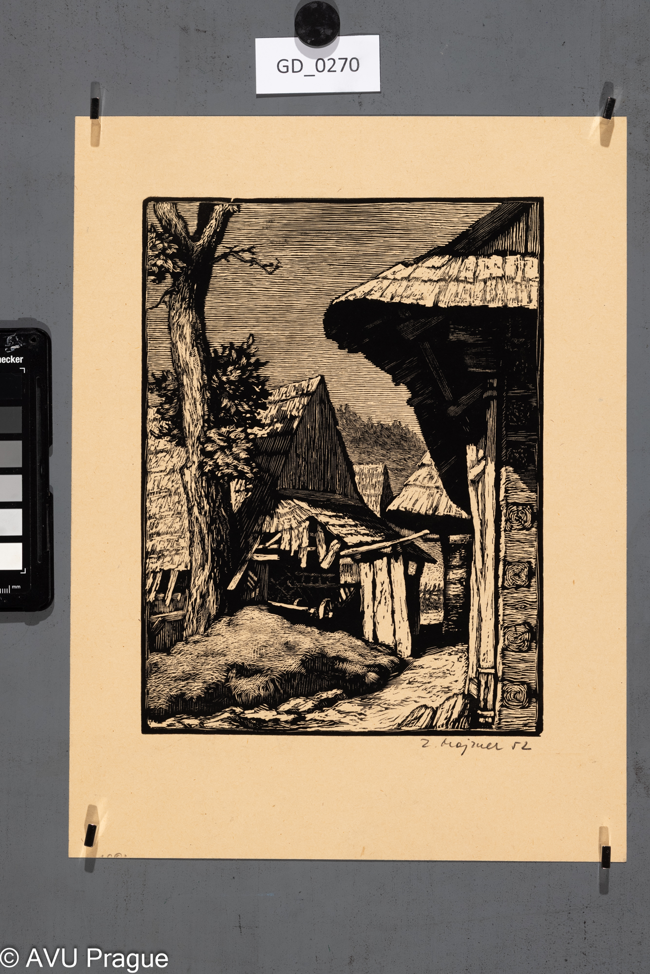 Zdeněk Majzner, Vesnická ulička,1952, Dřevoryt, 23,4 x 17,7,30,8 x 24,5Silovský