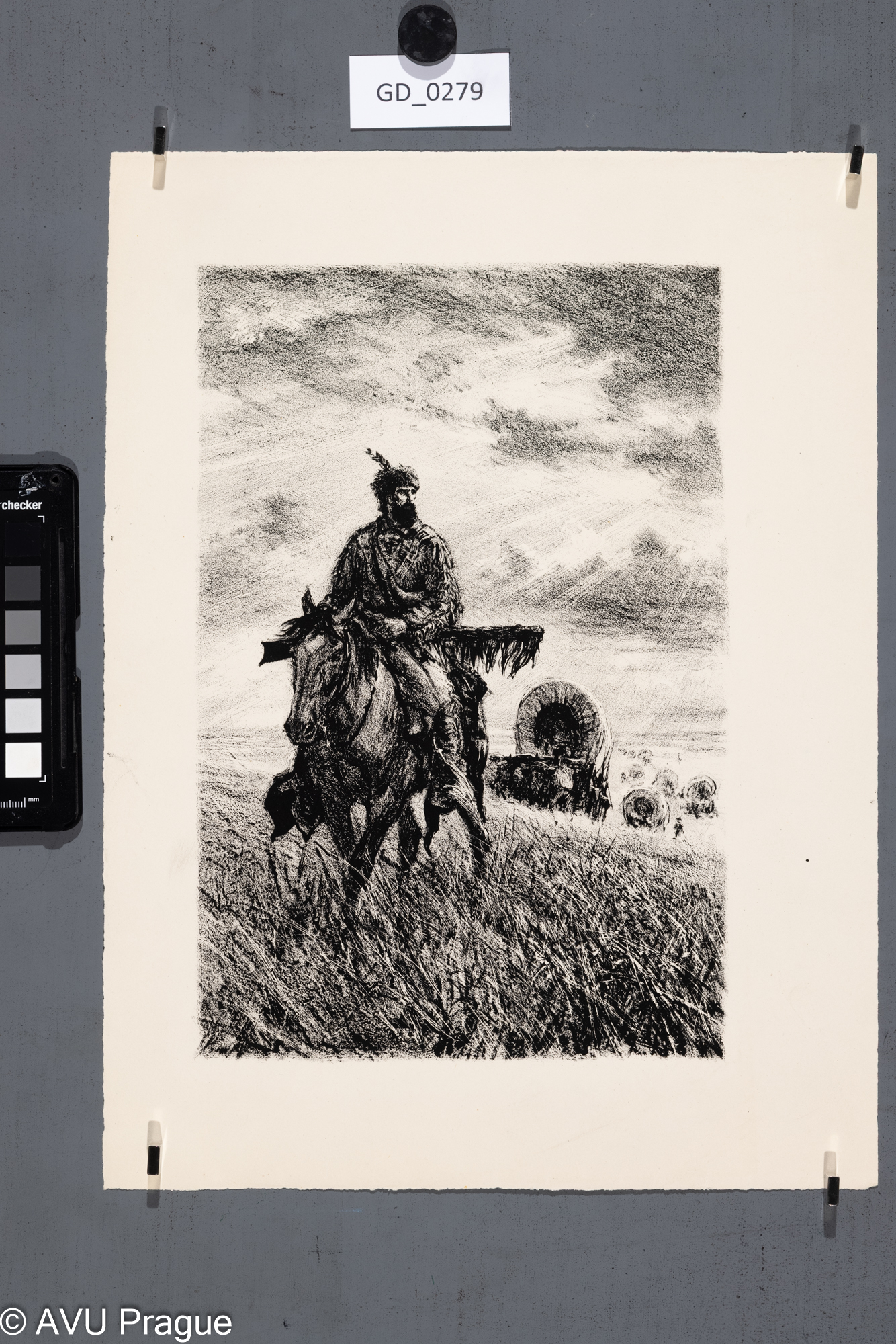 Gustav Krum, Ilustrace - jezdec s povozy v pozadí (Přistěhovalci?), Litografie, 27 x 18, 35,5 x 26,5 Pukl