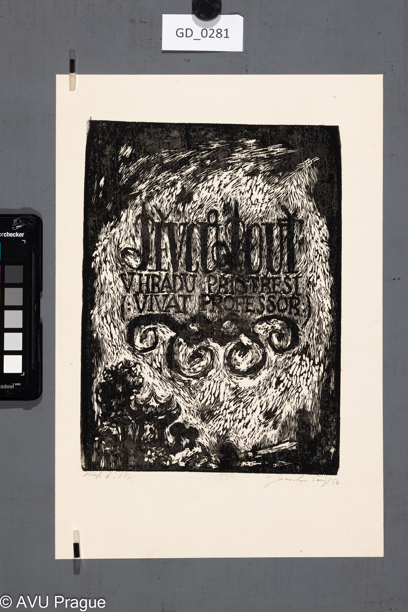 Jaroslav Šerých, Titulní list - "Pěvců pouť", 1954, Dřevoryt,23,6 x 17,4, 32,6 x 22,Pukl...V hradu přístřeší (vivat professor) - autorský tisk