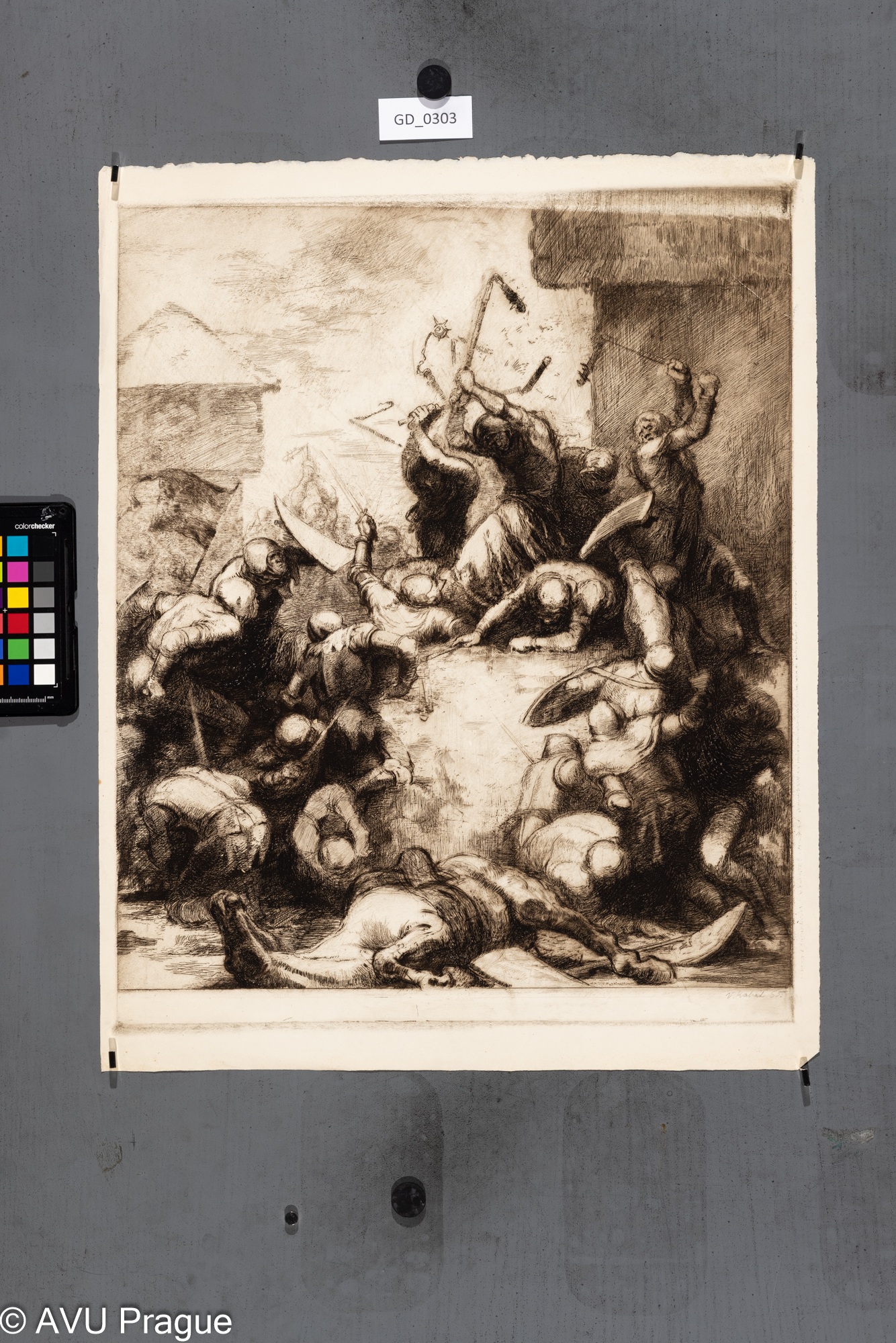 Vaclav Kabát, Boj (Husiti?),1955, Lept, 47 x 39,4, 53,4 x 42,Pukl