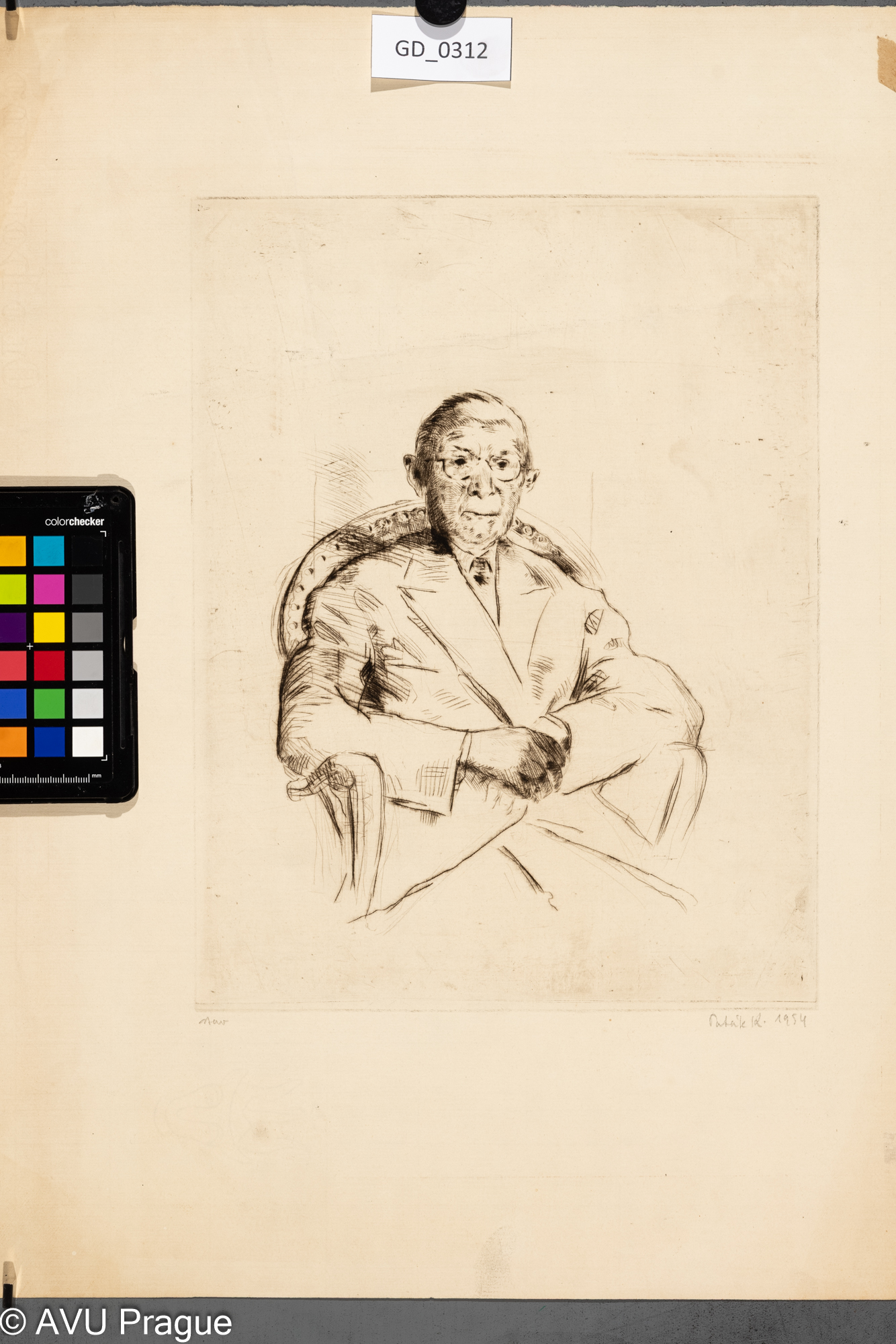 Karel Paták, Sedící muž s brýlemi, 1954, Suchá jehla,32,2 x 24,2 , 51 x 43, Pukl